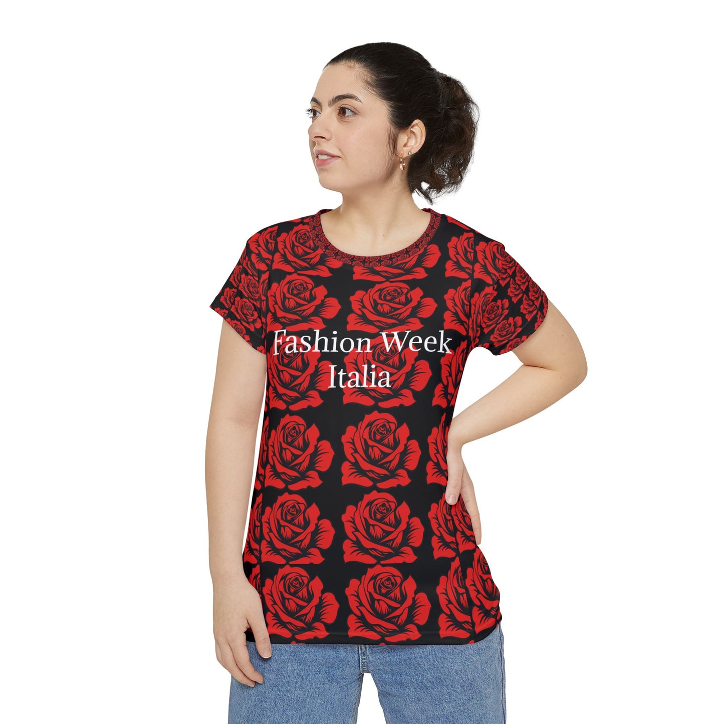Women's Short Sleeve Shirt Roses Motive - Red and Black - Fashion Week Italia