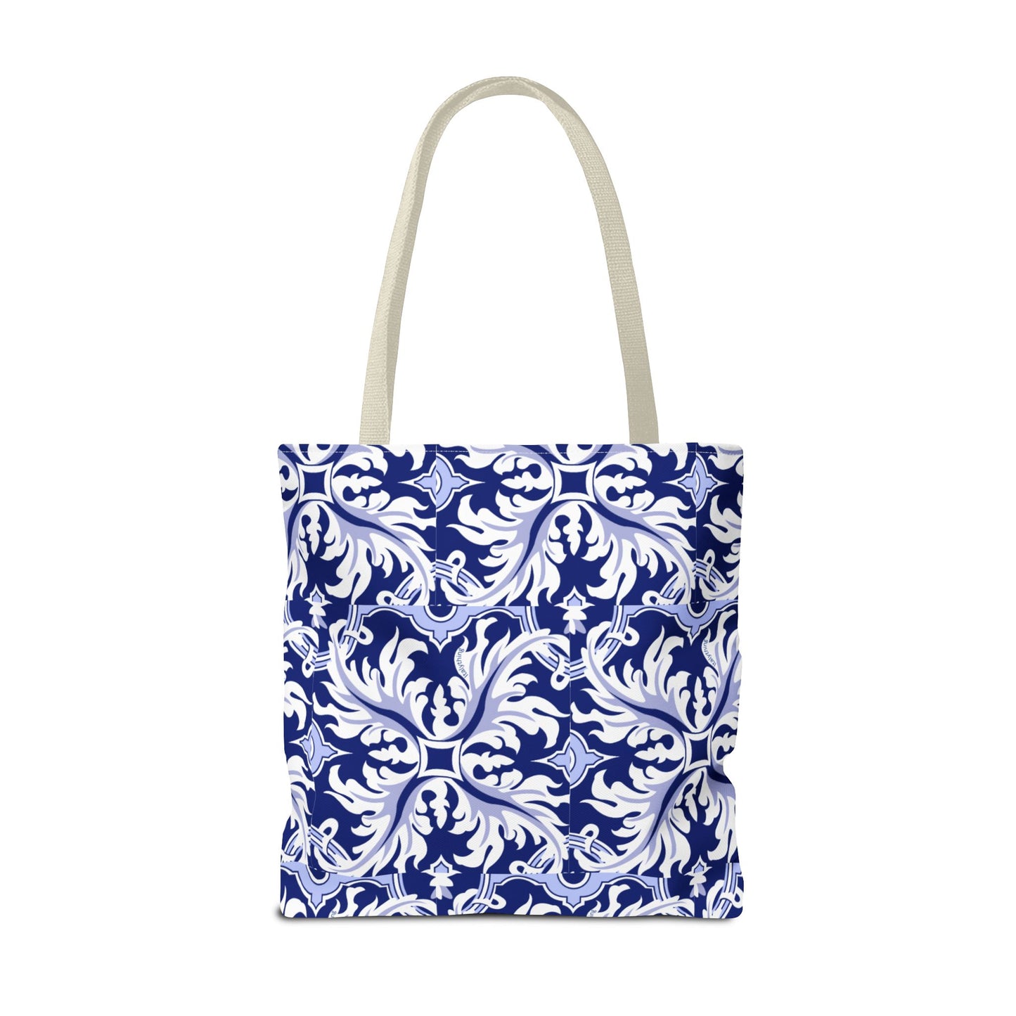 Elegant Navy Majolica Pattern Tote Bag, Stylish Shopping Bag