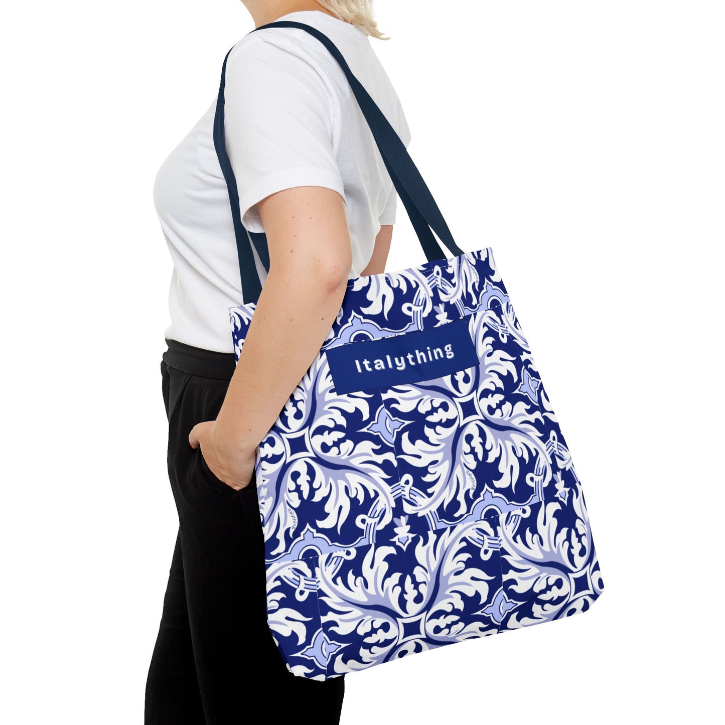 Elegant Navy Majolica Pattern Tote Bag, Stylish Shopping Bag
