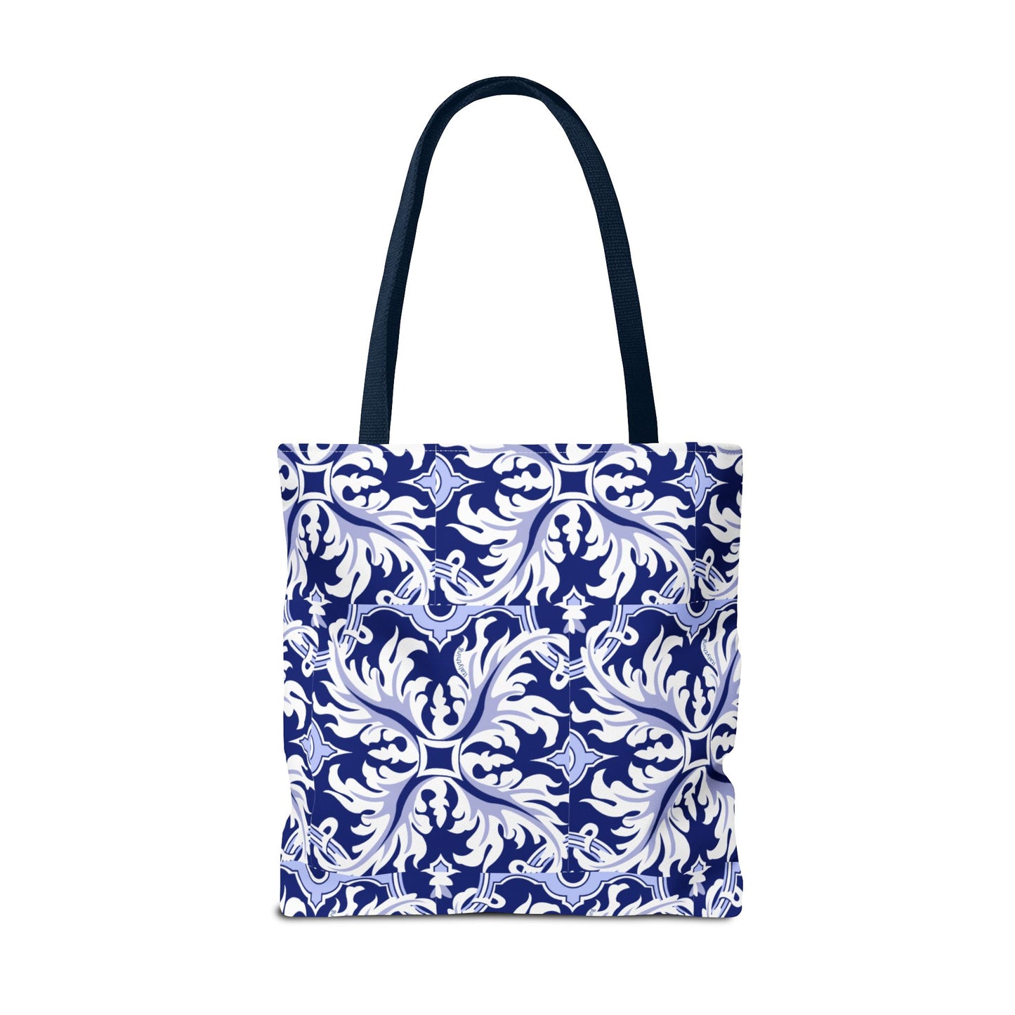 Elegant Navy Majolica Pattern Tote Bag, Stylish Shopping Bag