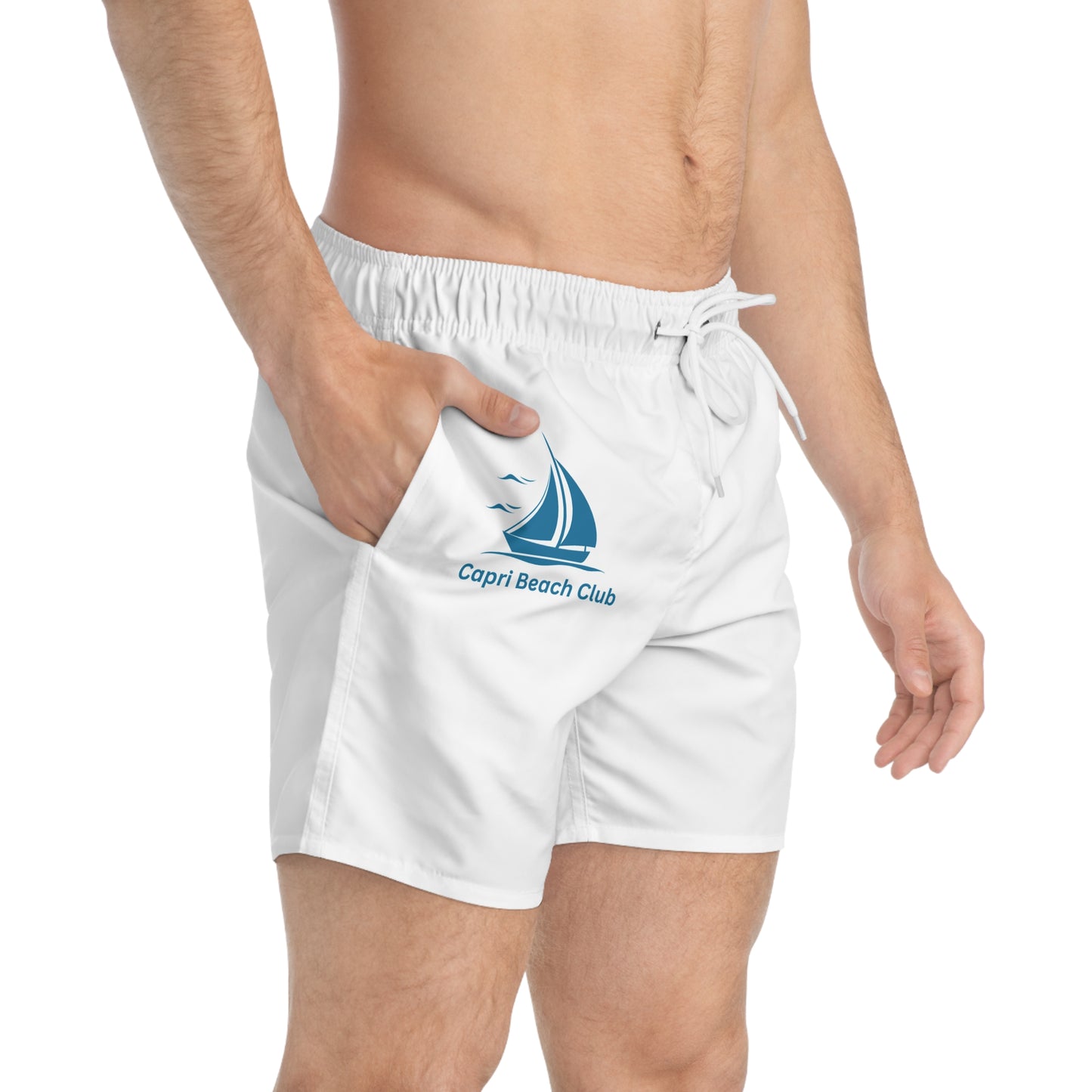 Swim Trunks with Capri Beach Club branding