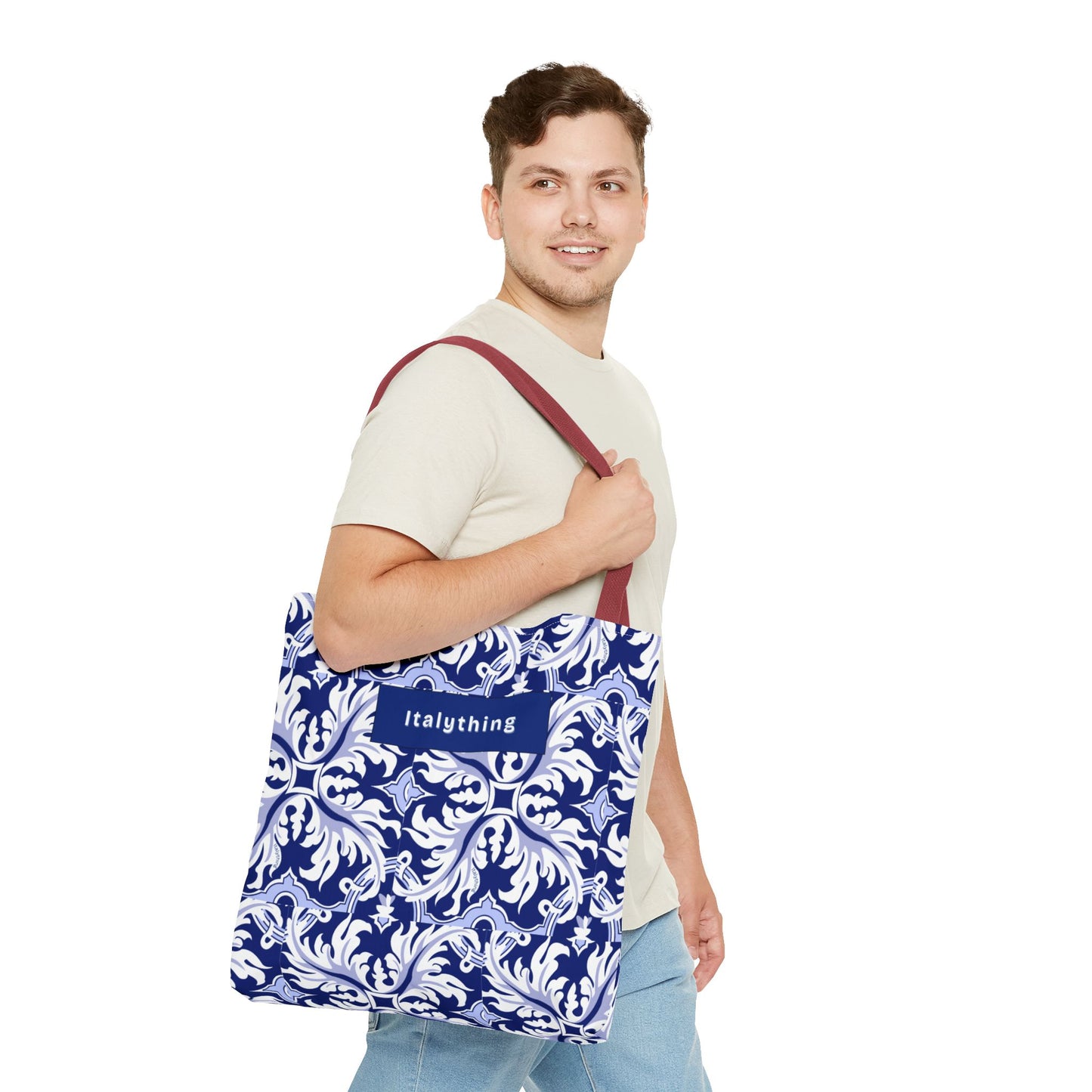 Elegant Navy Majolica Pattern Tote Bag, Stylish Shopping Bag