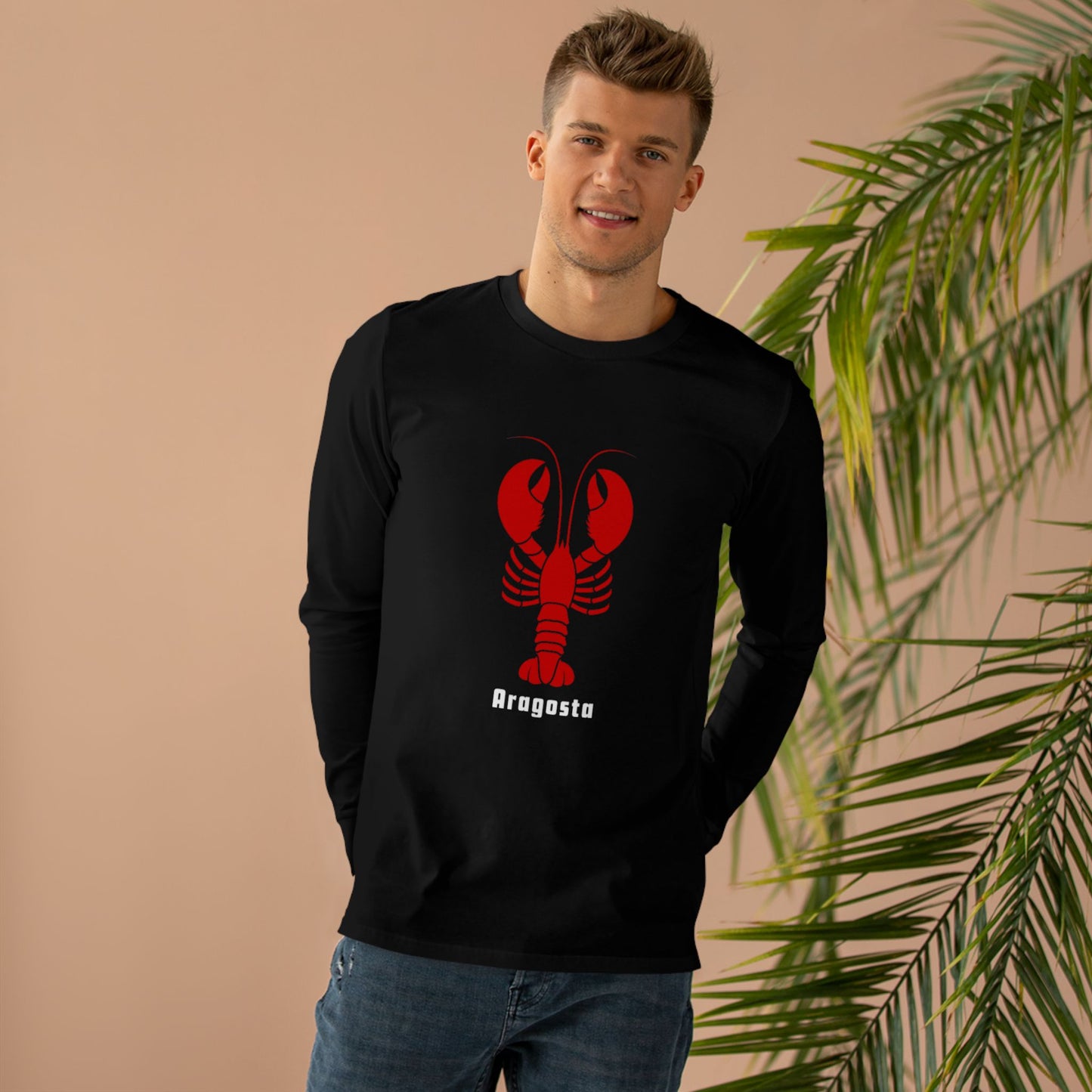 Italian Design Black Men’s Longsleeve Tee with lobster motif
