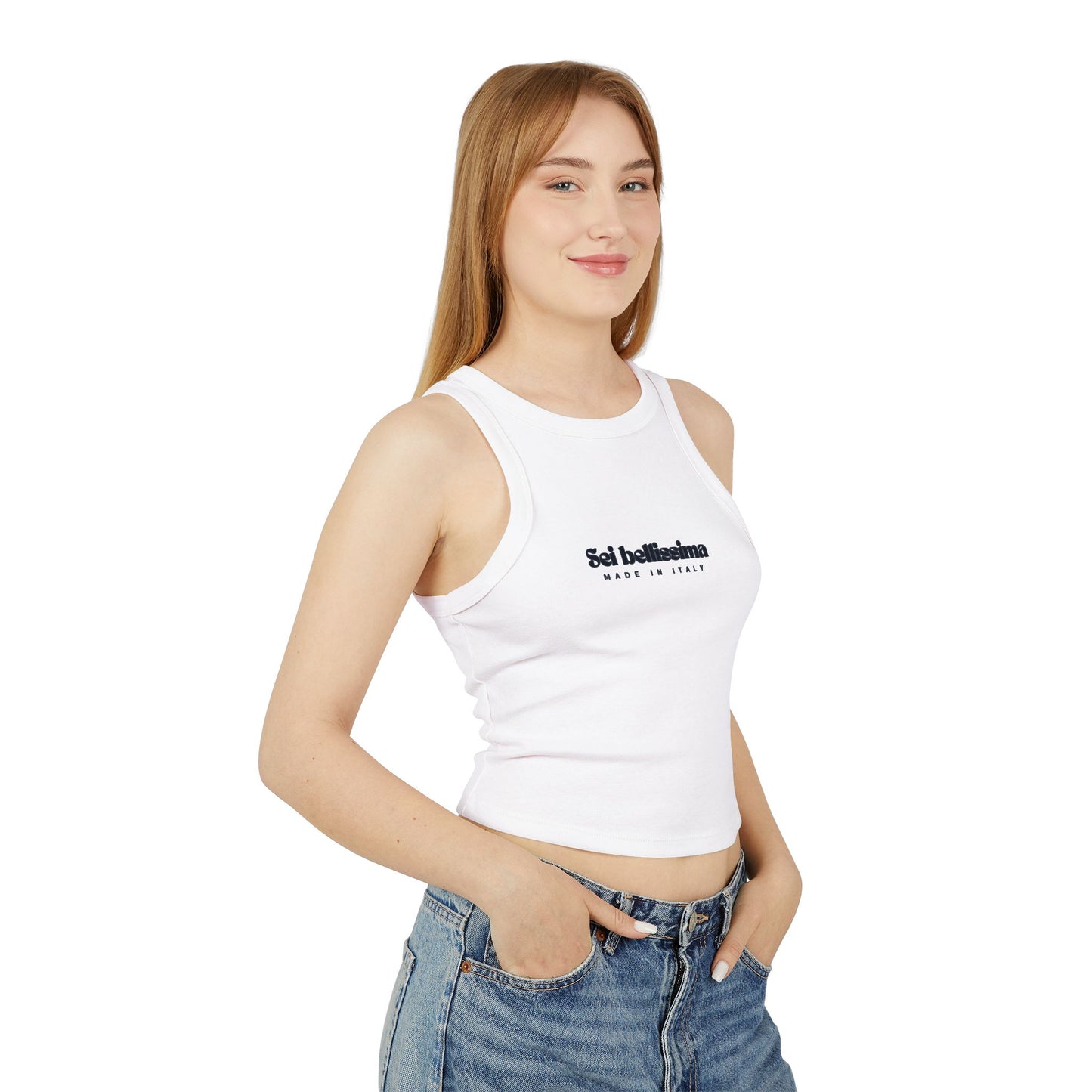 Chic Women's Micro Rib Racer Tank Top - Stylish Summer Top Italian Saying: Sei Bellisima