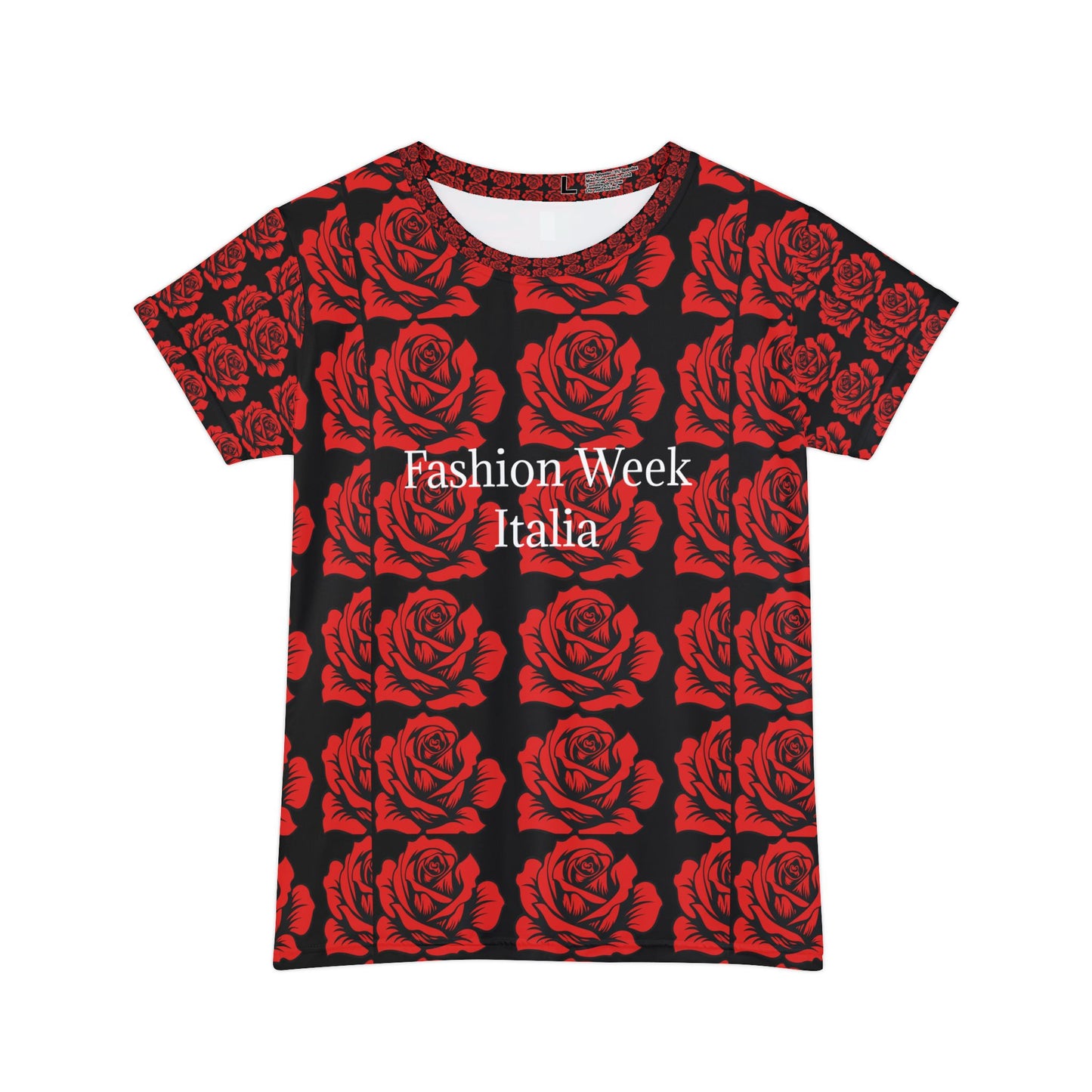 Women's Short Sleeve Shirt Roses Motive - Red and Black - Fashion Week Italia