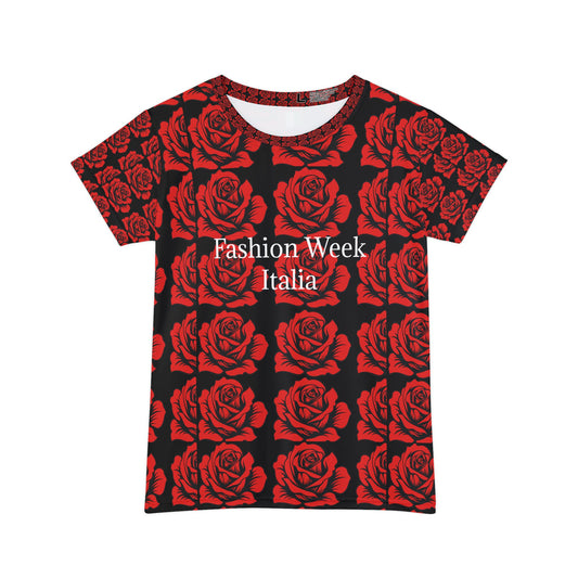 Damen-T-Shirt mit Rosenmotiv und kurzen Ärmeln, Fashion Week Italia