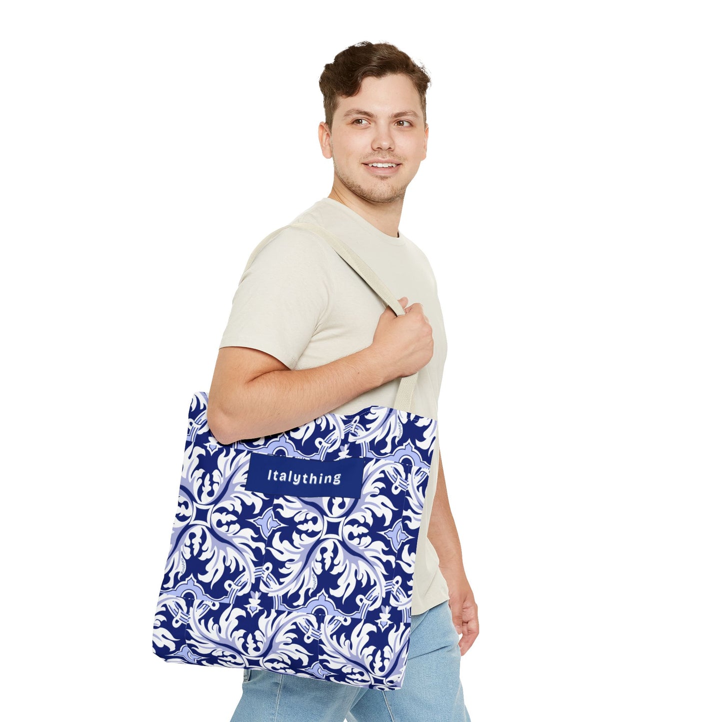 Elegant Navy Majolica Pattern Tote Bag, Stylish Shopping Bag