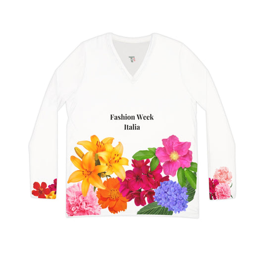 Floral Design V-Neck Shirt for Fashion Lovers, Stylish Long Sleeve Tee, Perfect for Spring, Fashion Week Gift