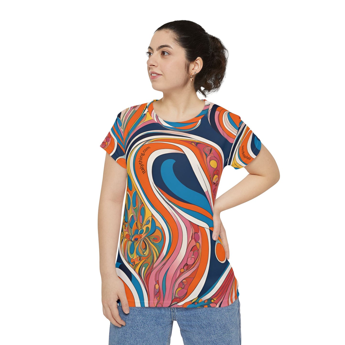 Vibrant Pucci-Style Women’s Short Sleeve Shirt, Bohemian Style Tee, Colorful Casual Top