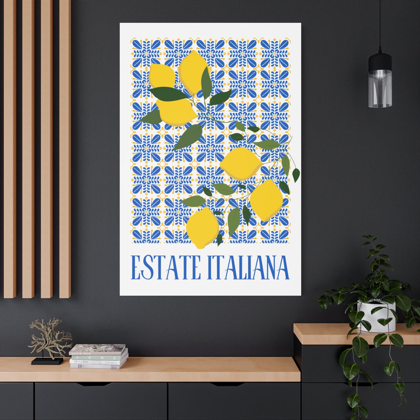 Estate Italiana – Italienischer Sommer – Leinwanddruck – mit dekorativen Zitronen und Majolika-Fliesen – Dekorative Wanddekoration