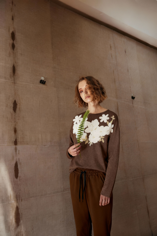 Brown Women’s straight bottom knitted sweater with white Flower Design