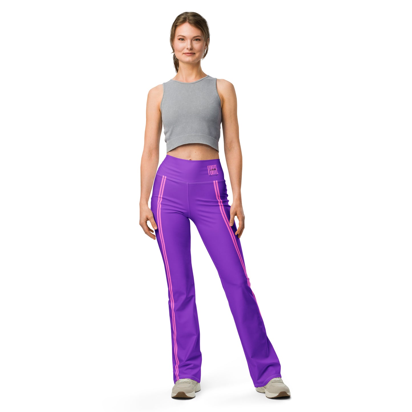 Flare purple leggings with pink side stripes