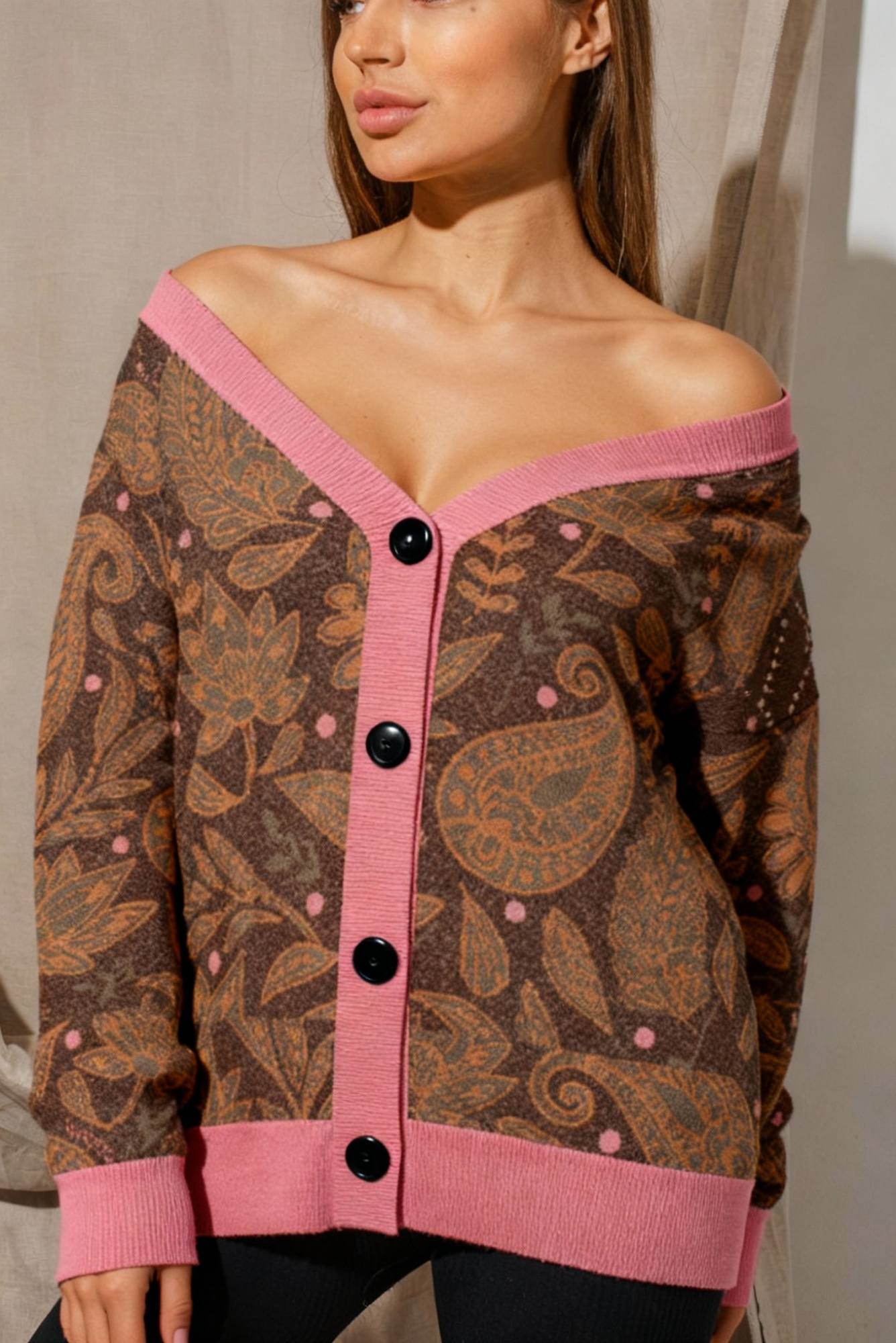 Paisley Knitted cardigan Brown Beige with Coral Pink Accents