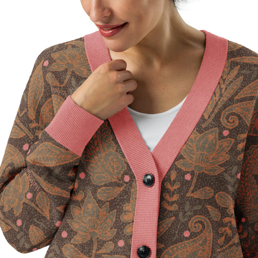 Paisley Knitted cardigan Brown Beige with Coral Pink Accents