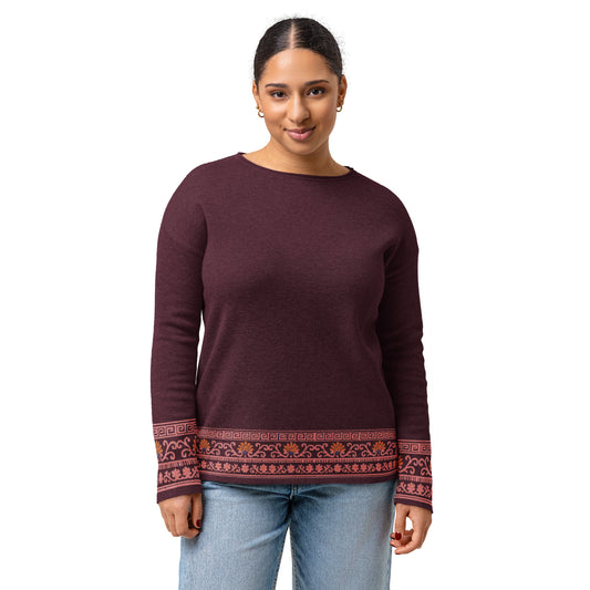 Elegant Merlot colored Women’s straight bottom knitted sweater with Roman Border