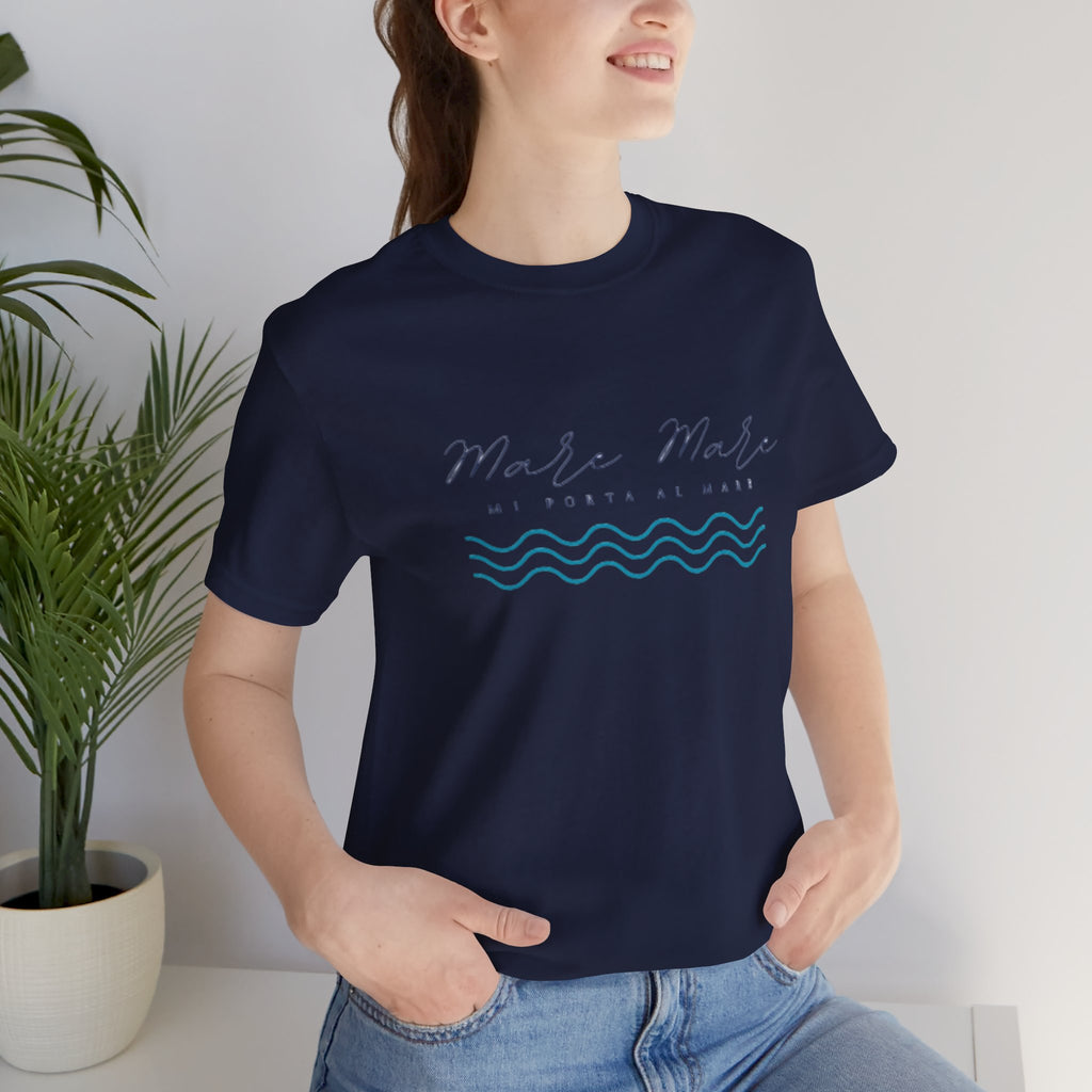 Italienisches Marken-Sommer-T-Shirt aus Jersey mit kurzen Ärmeln und italienischem Slogan: Mare Mare