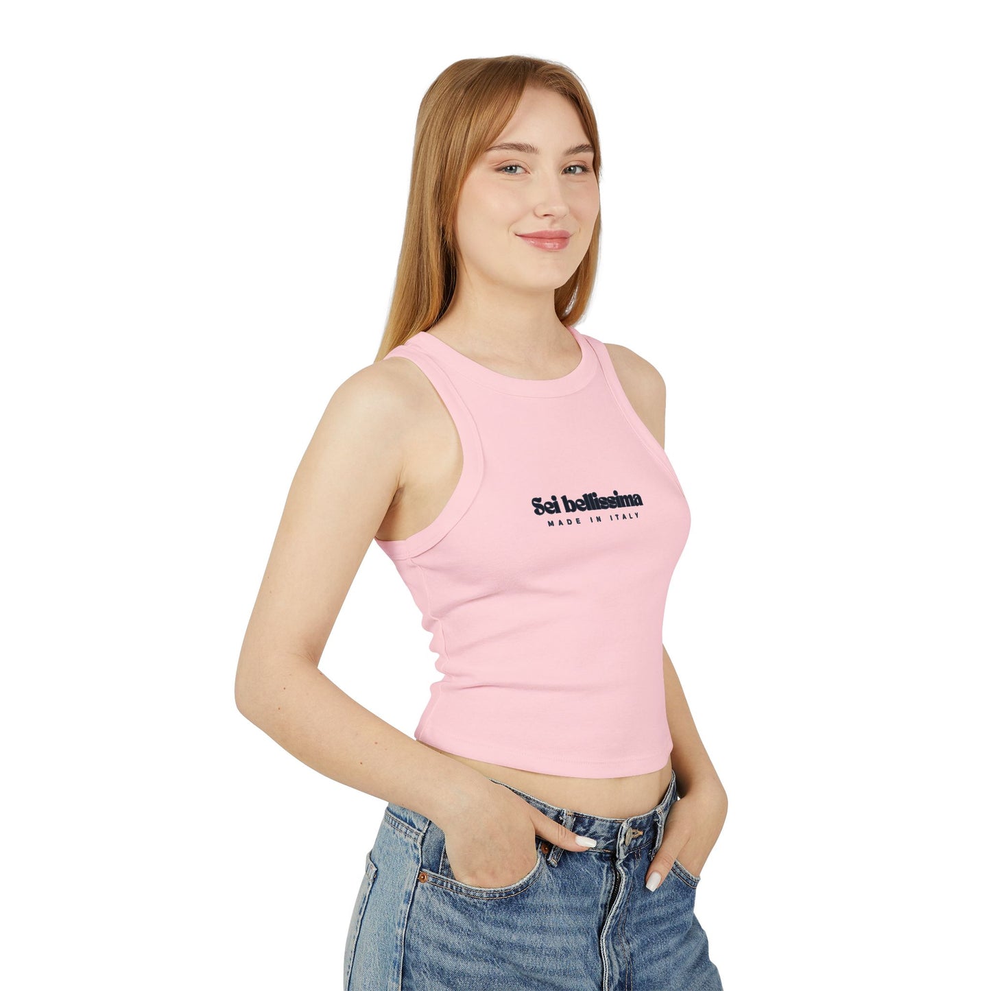Chic Women's Micro Rib Racer Tank Top - Stylish Summer Top Italian Saying: Sei Bellisima