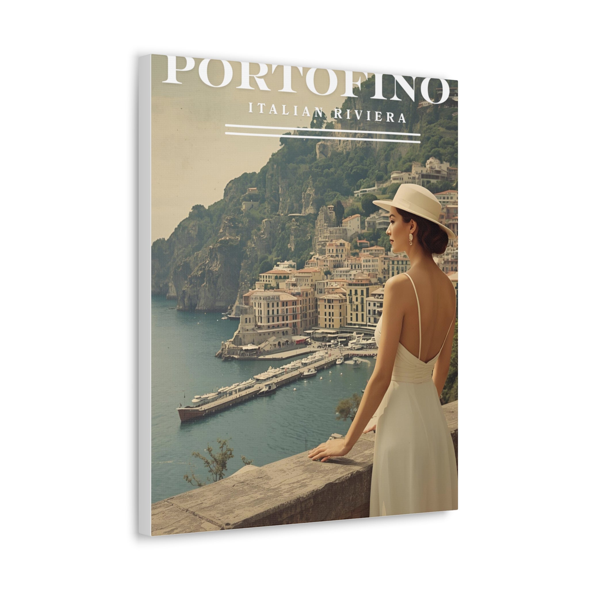 Portofino Vintage Canvas Print - with view over the harbour - Decorative Wall Art