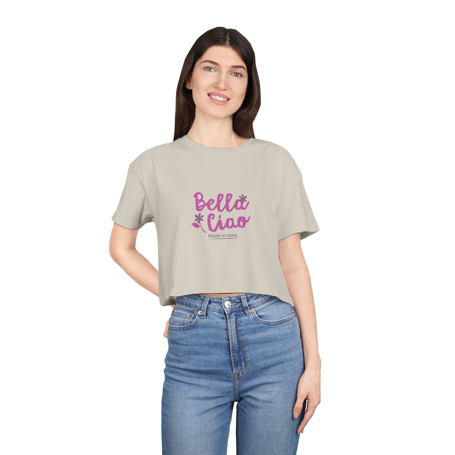 Bella Ciao Crop Tee — Feminine Italian Phrase Graphic Top