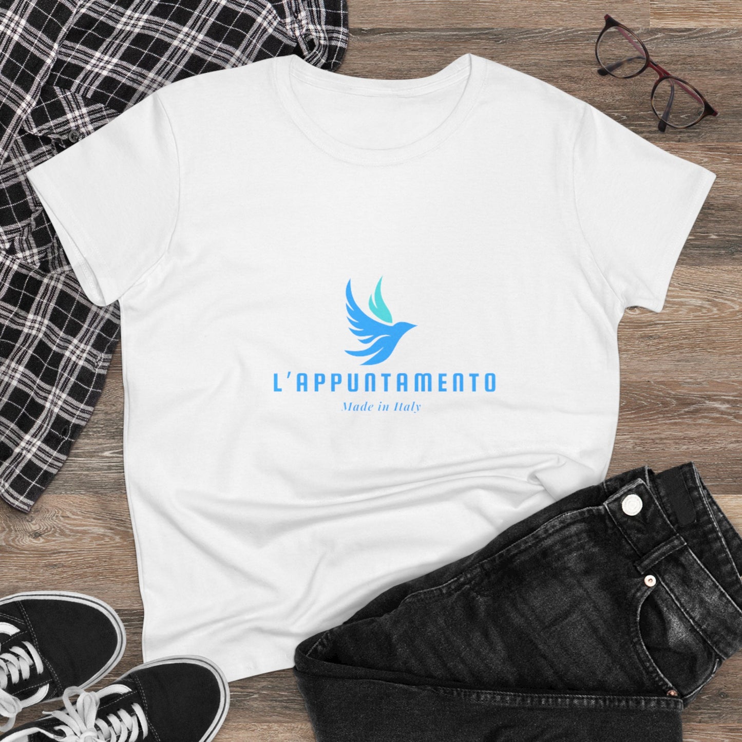 L'Appuntamento Italian Logo Women's Tee — Blue Bird Minimalist Cotton T-Shirt