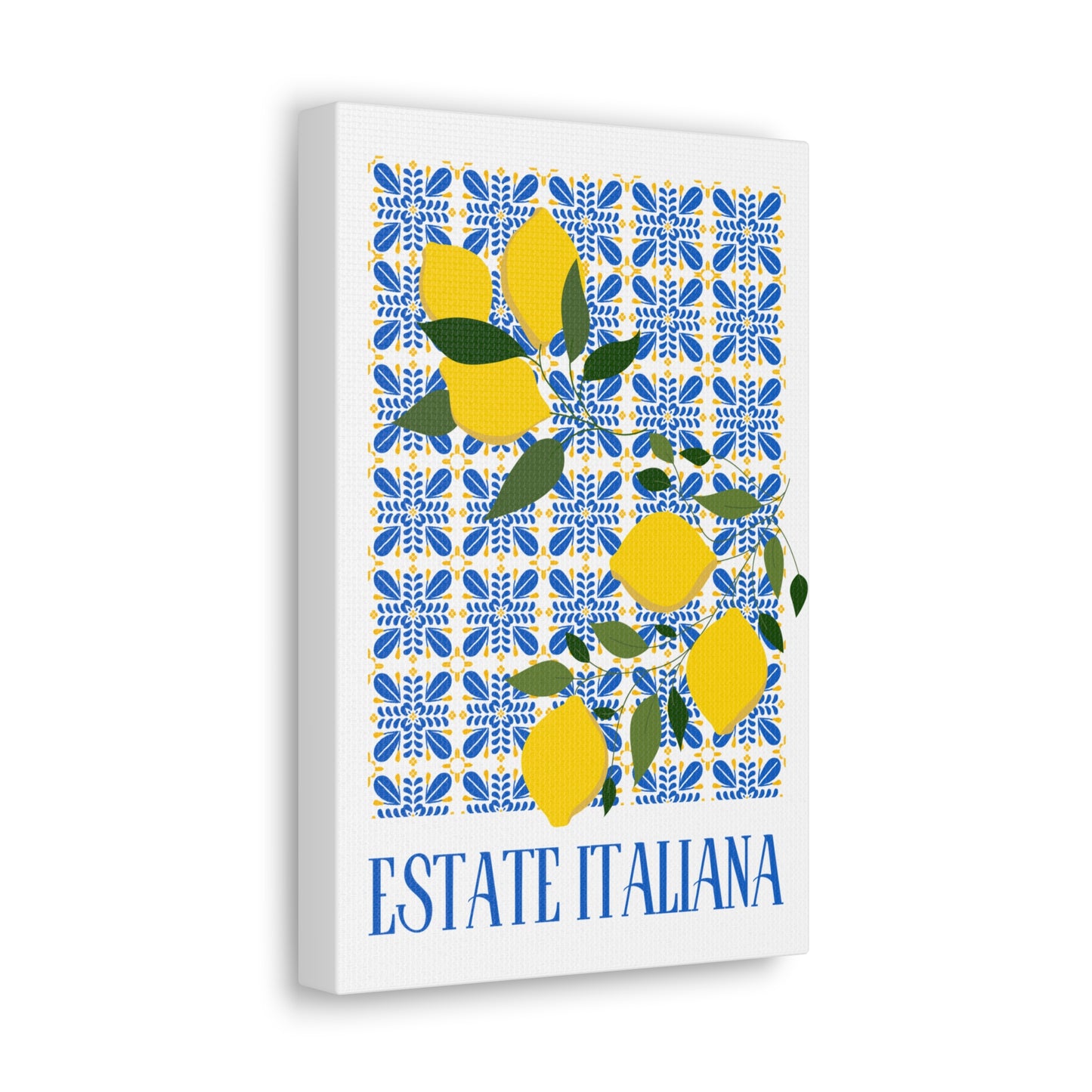 Estate Italiana – Italienischer Sommer – Leinwanddruck – mit dekorativen Zitronen und Majolika-Fliesen – Dekorative Wanddekoration