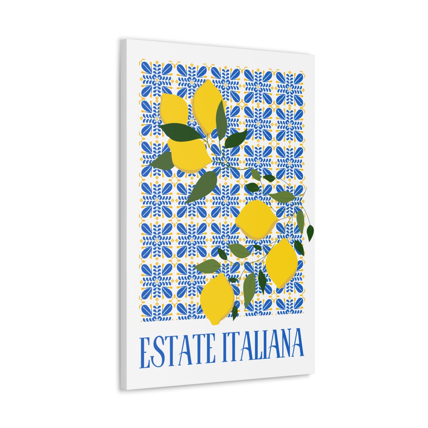 Estate Italiana – Italienischer Sommer – Leinwanddruck – mit dekorativen Zitronen und Majolika-Fliesen – Dekorative Wanddekoration