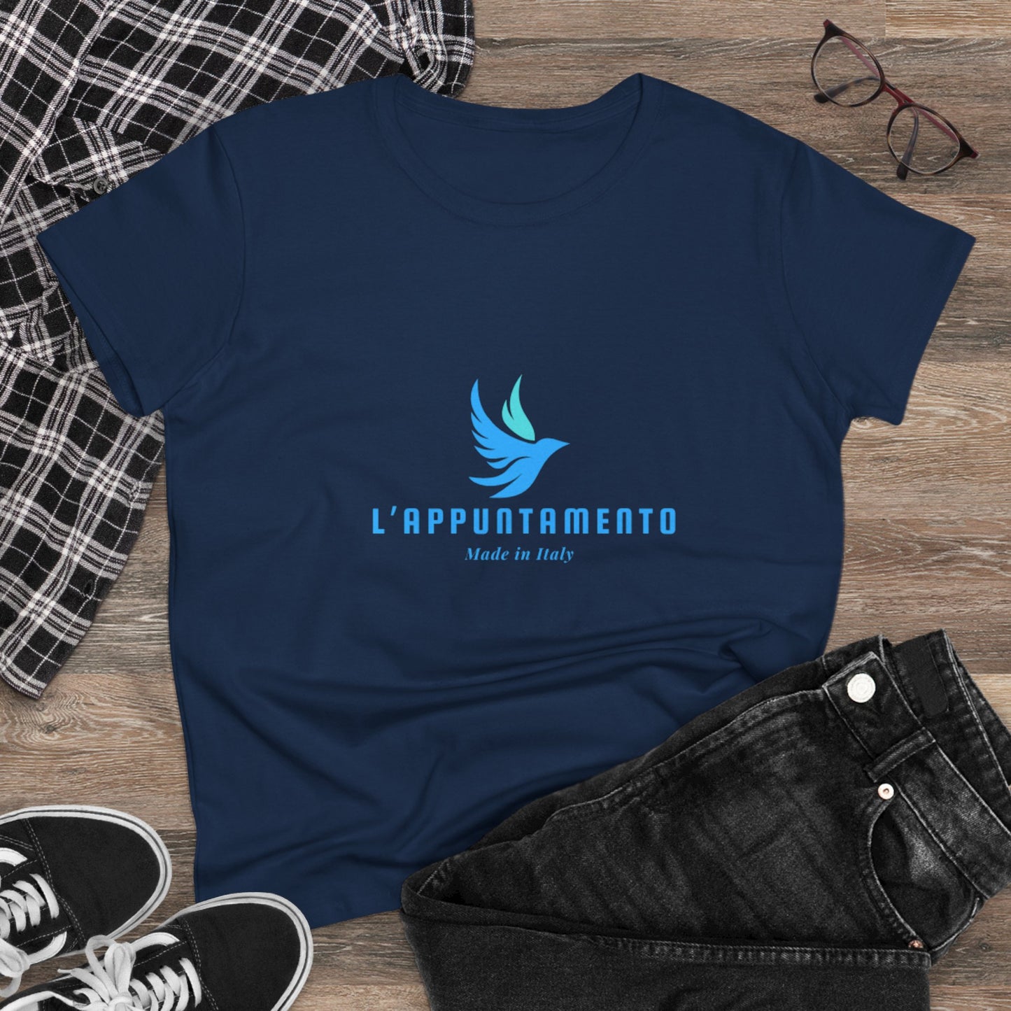 L'Appuntamento Italian Logo Women's Tee — Blue Bird Minimalist Cotton T-Shirt