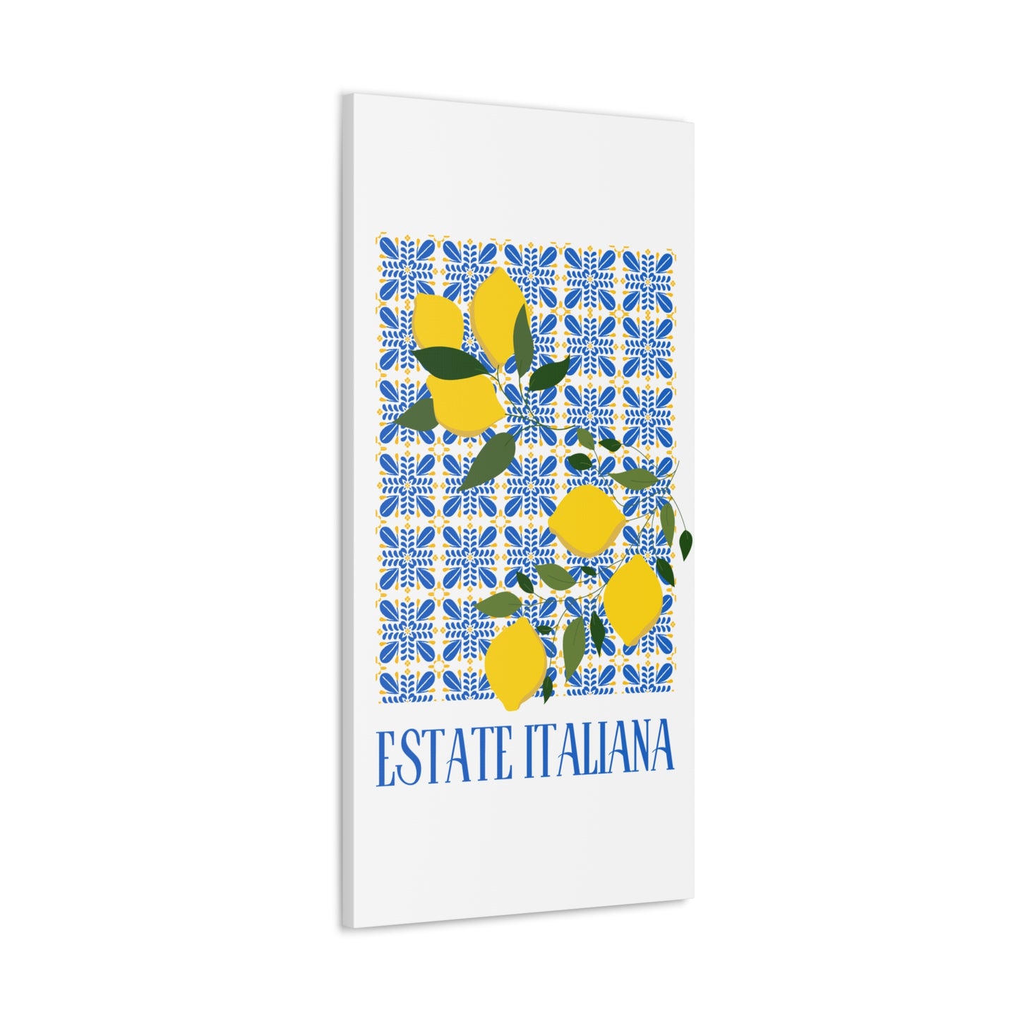 Estate Italiana – Italienischer Sommer – Leinwanddruck – mit dekorativen Zitronen und Majolika-Fliesen – Dekorative Wanddekoration