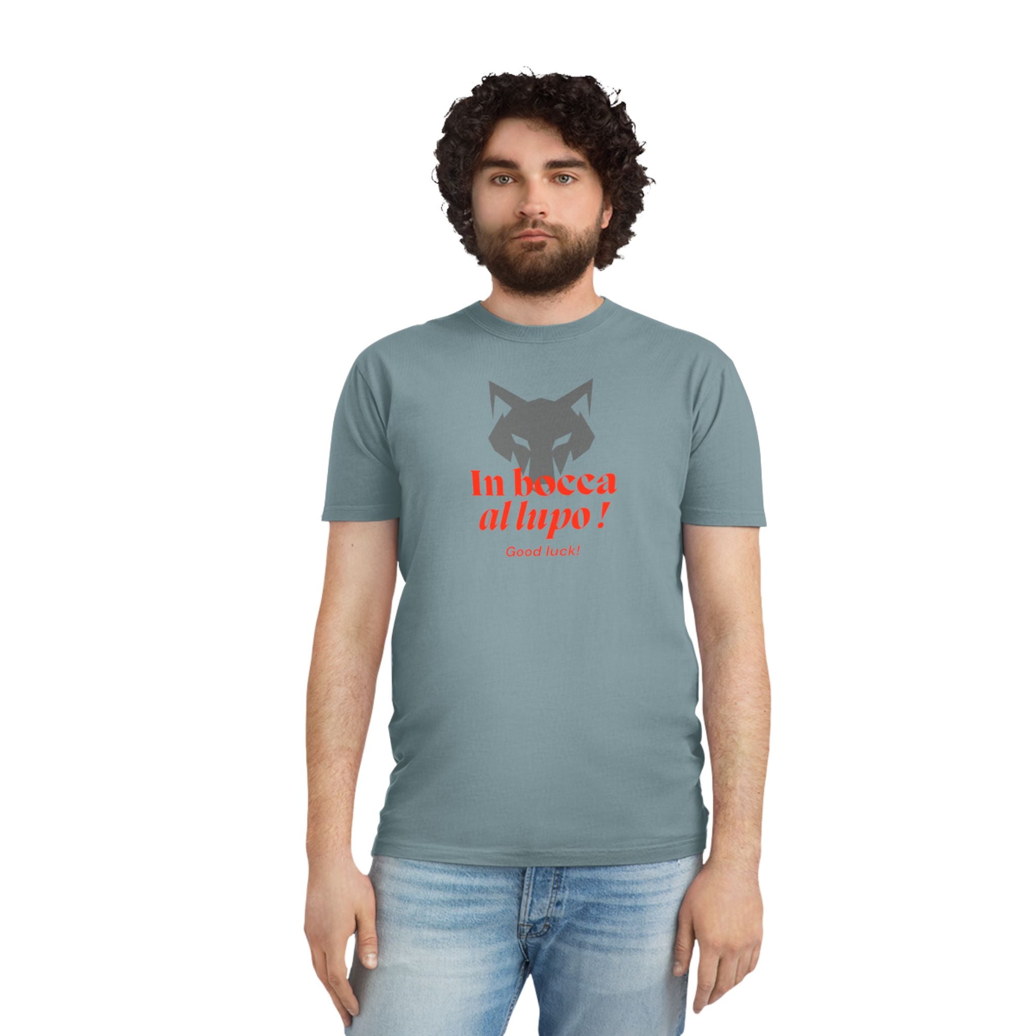 Unisex-T-Shirt mit verblasstem Glücksmotiv – „In bocca al lupo!“-Design
