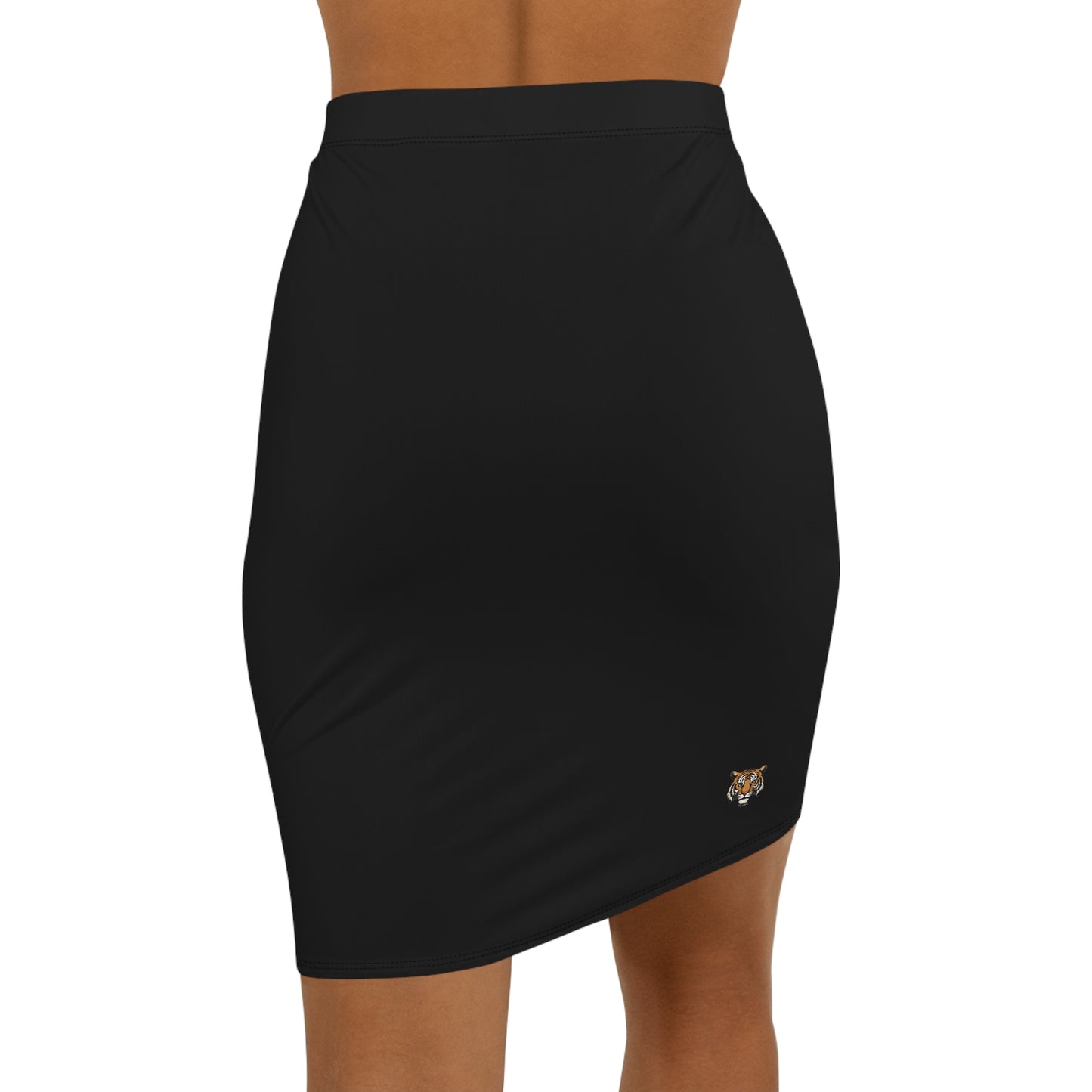 Black Mid‑Waist Pencil Skirt with Small Tiger Patch — Women's Slim Fit