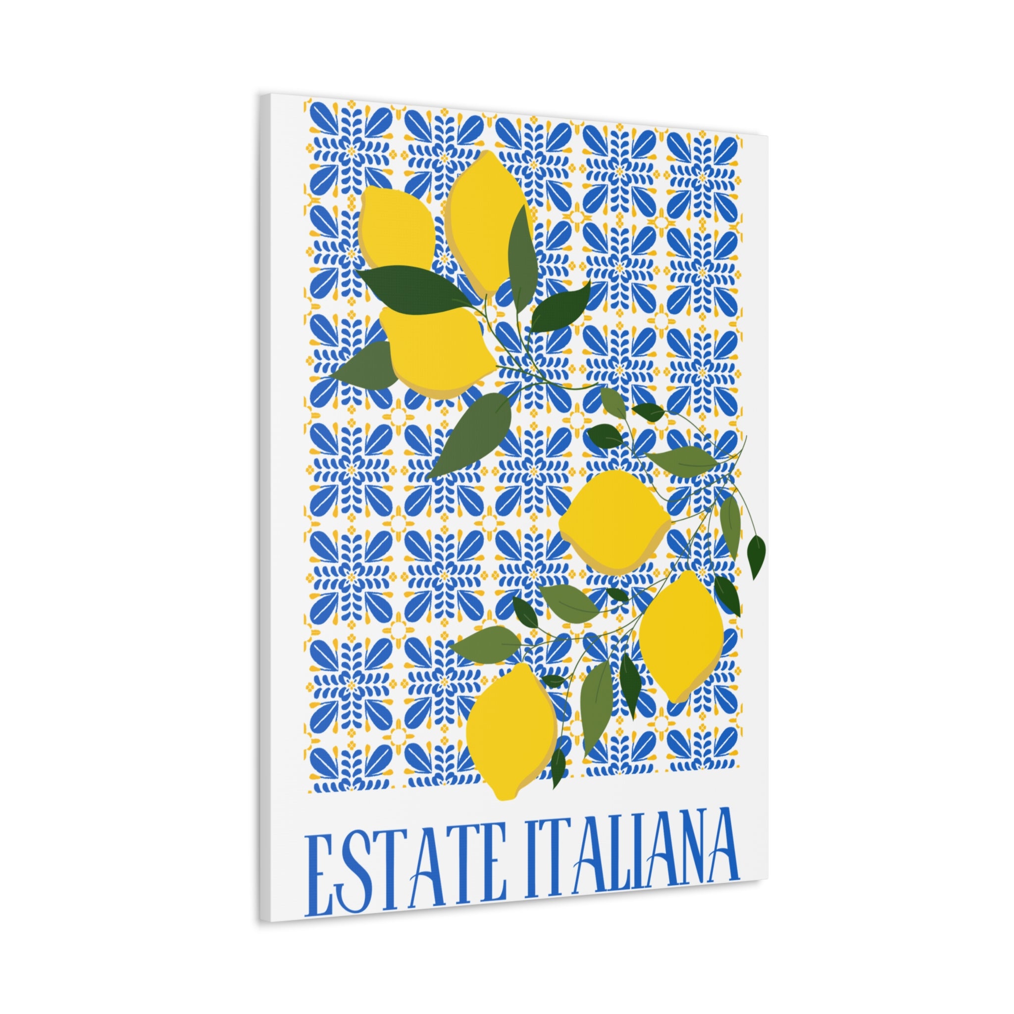 Estate Italiana – Italienischer Sommer – Leinwanddruck – mit dekorativen Zitronen und Majolika-Fliesen – Dekorative Wanddekoration