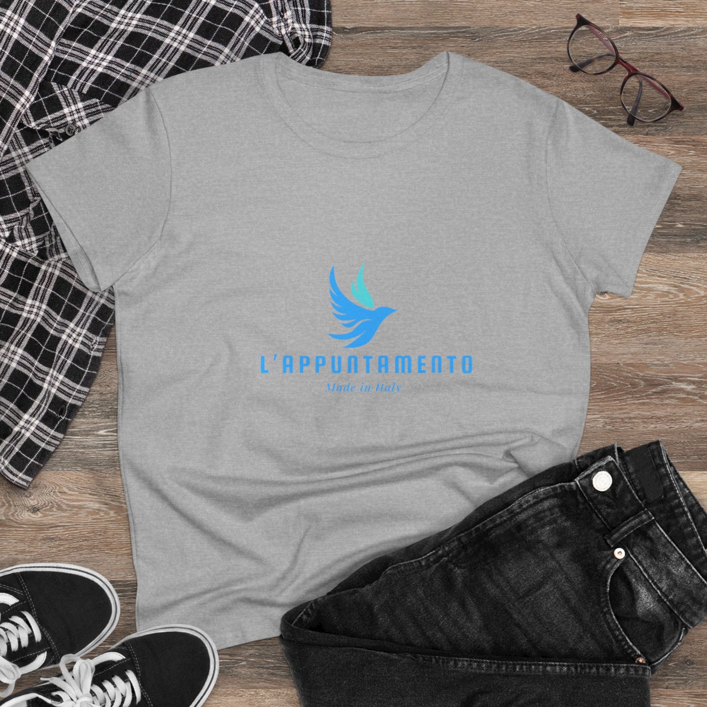 L'Appuntamento Italian Logo Women's Tee — Blue Bird Minimalist Cotton T-Shirt