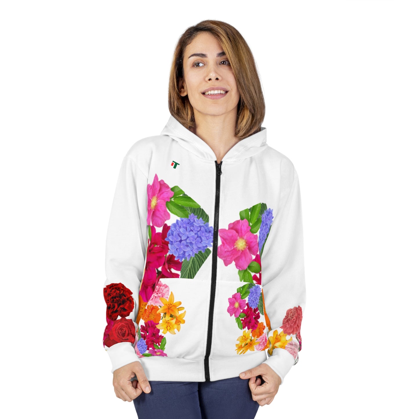 Floral  Design Zip Hoodie, Cozy Spring Jacket, Trendy Streetwear