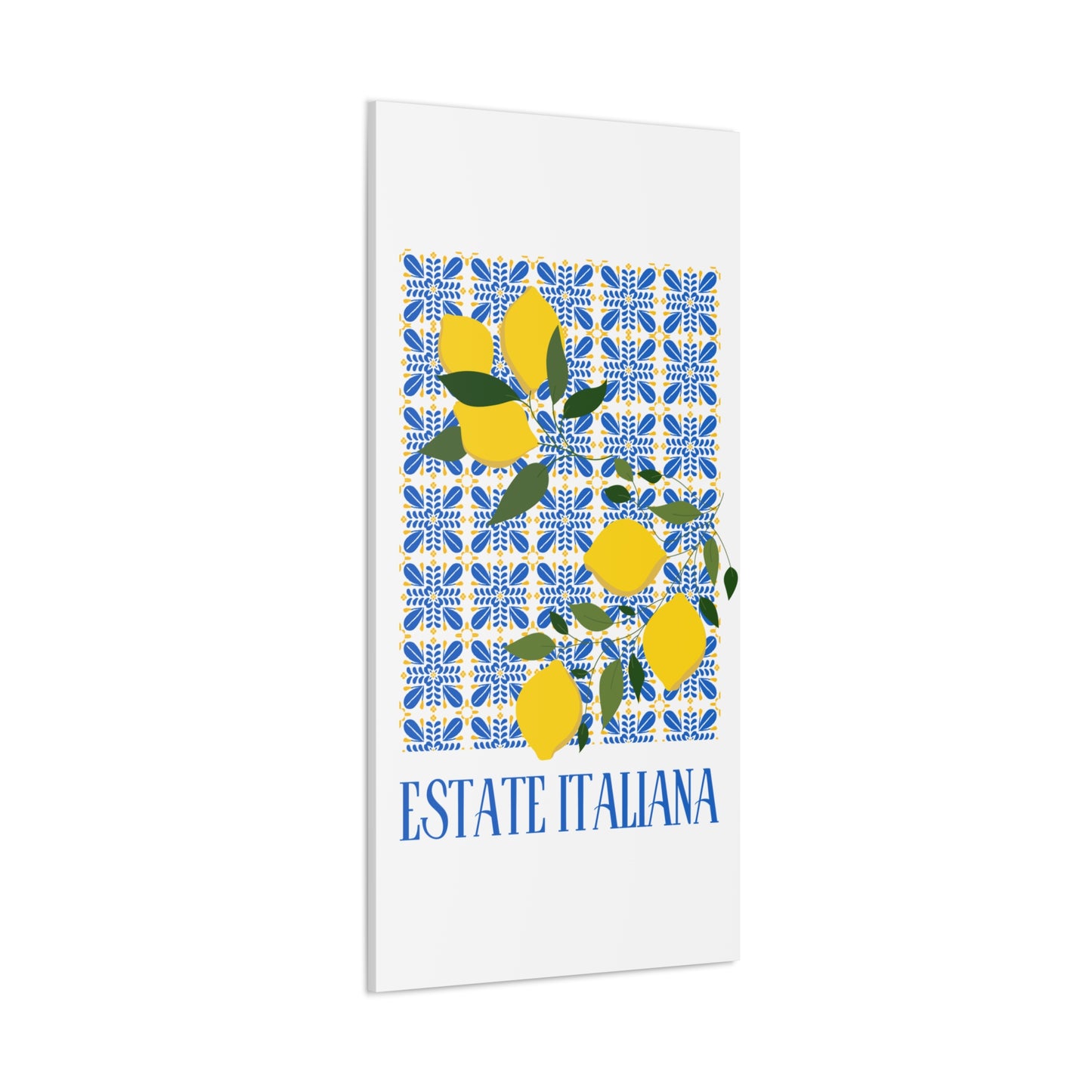 Estate Italiana – Italienischer Sommer – Leinwanddruck – mit dekorativen Zitronen und Majolika-Fliesen – Dekorative Wanddekoration