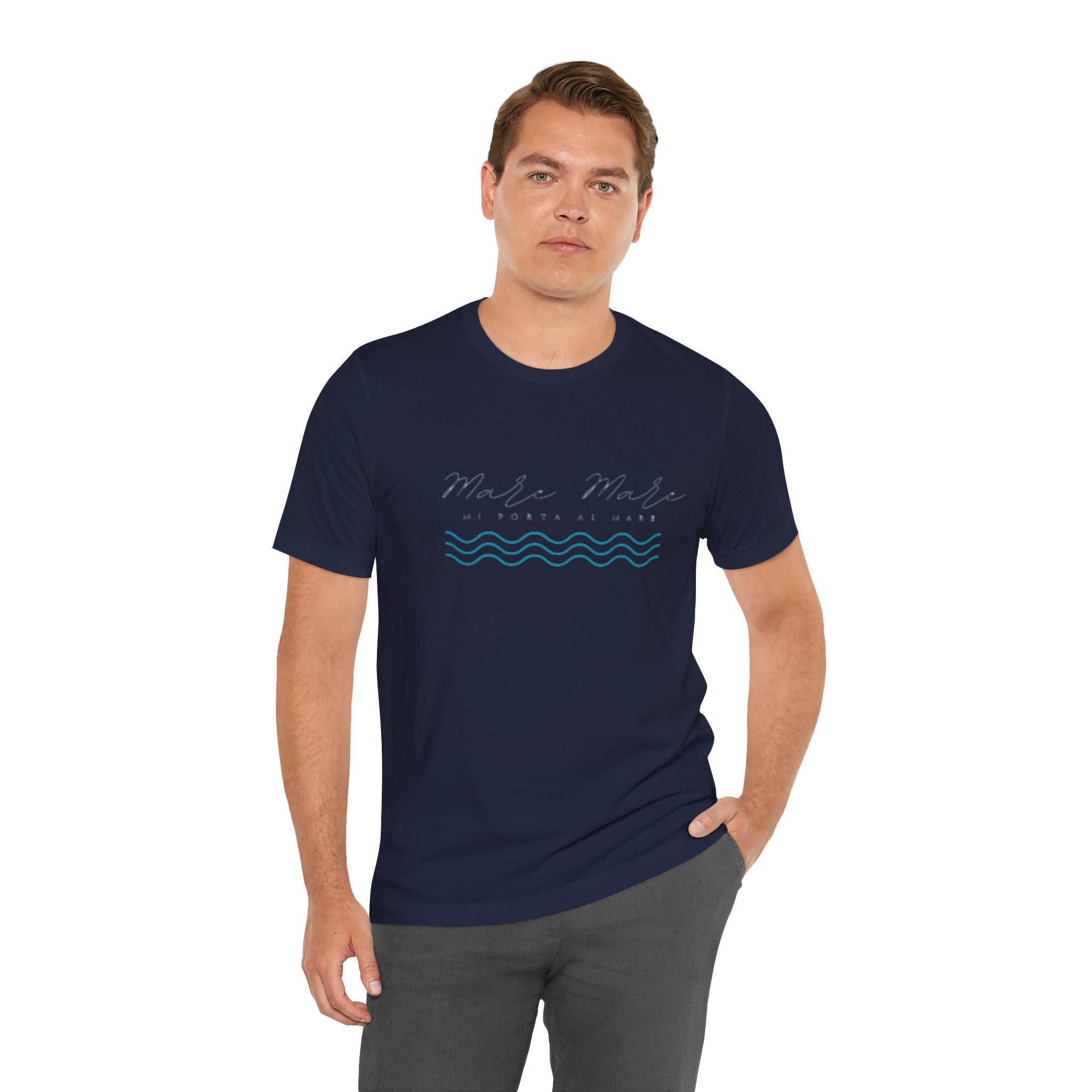 Italienisches Marken-Sommer-T-Shirt aus Jersey mit kurzen Ärmeln und italienischem Slogan: Mare Mare