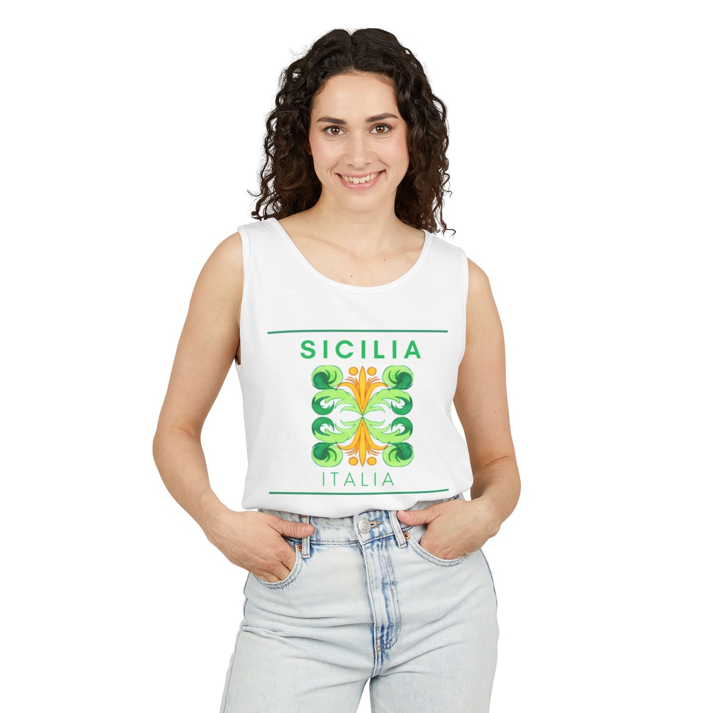 Sicilian Heritage Tank Top, Unisex Summer Apparel, Travel Shirt, Beachwear, Vacation Outfit, Gifts for Italy Lovers