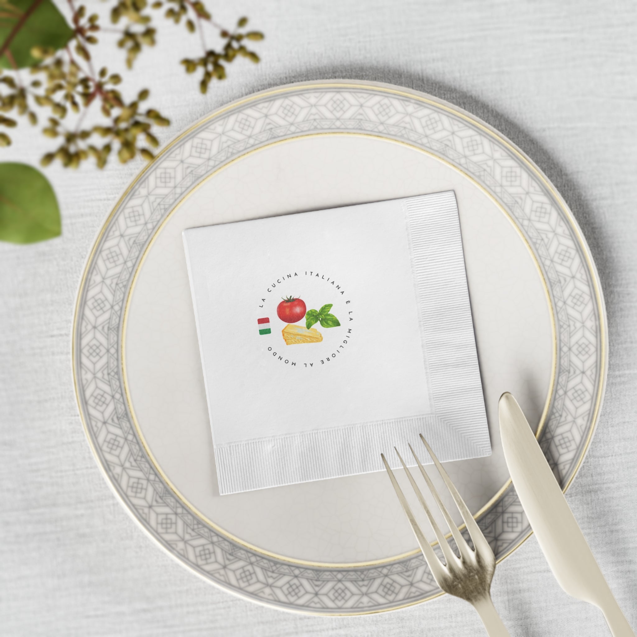 Italian Cuisine Logo White Coined Napkins