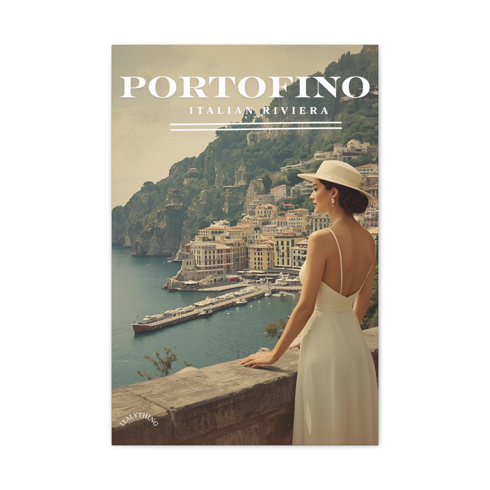 Portofino Vintage Canvas Print - with view over the harbour - Decorative Wall Art