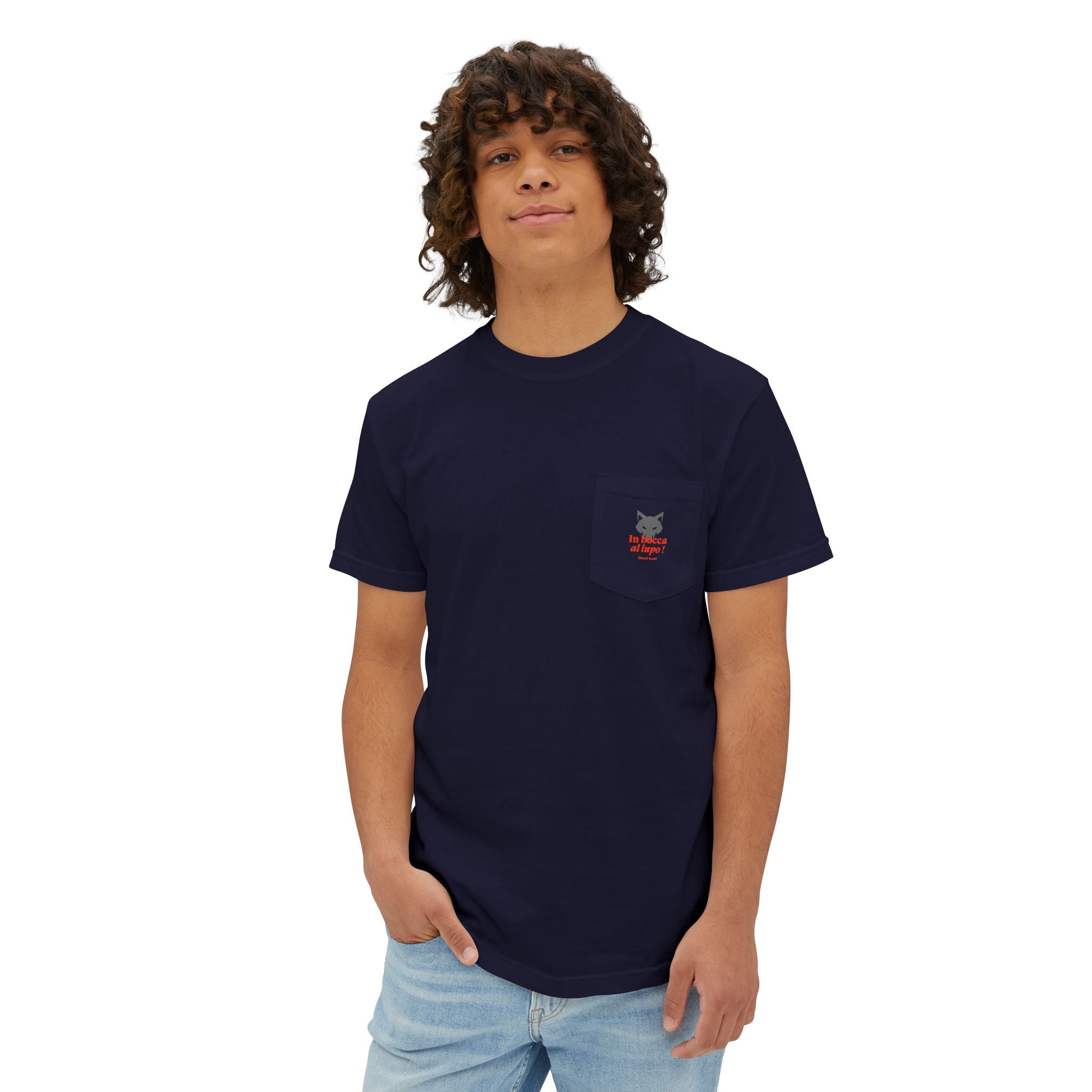 Faded Pocket T-Shirt — 'In bocca al lupo' Wolf Graphic Tee