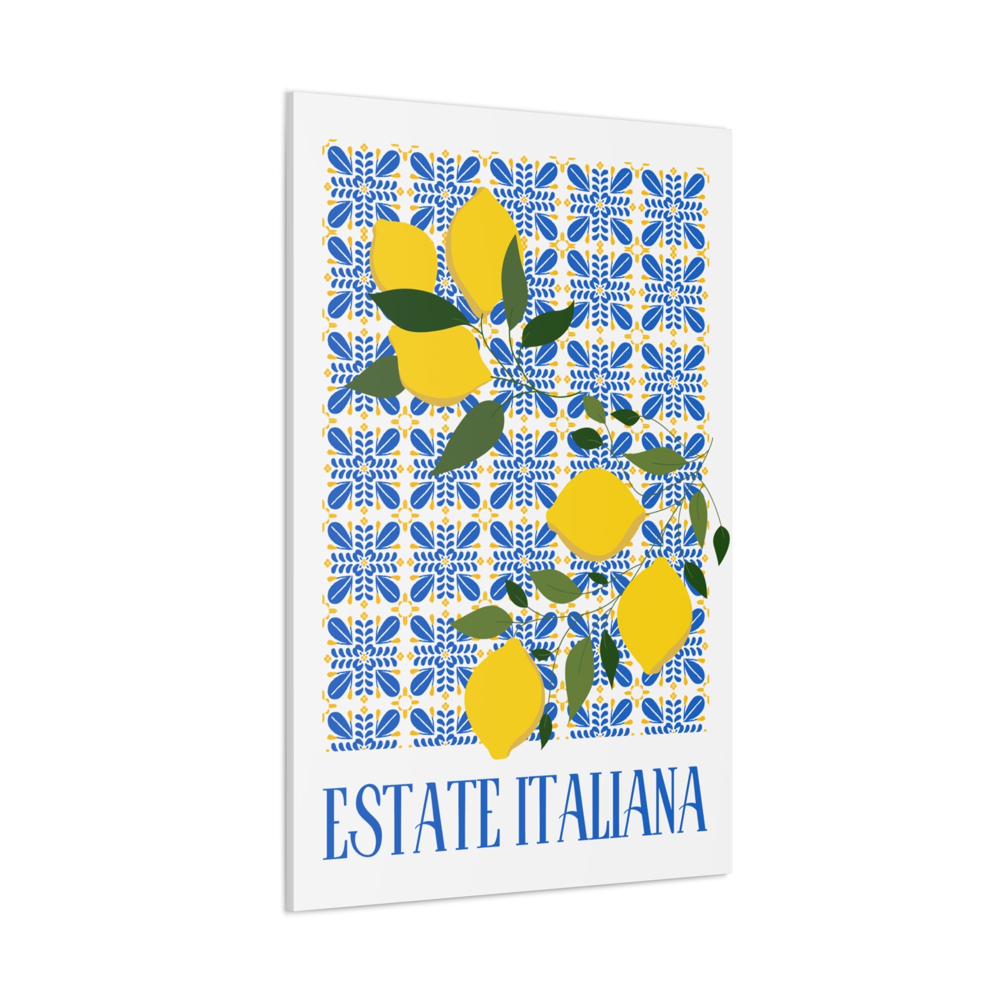 Estate Italiana – Italienischer Sommer – Leinwanddruck – mit dekorativen Zitronen und Majolika-Fliesen – Dekorative Wanddekoration