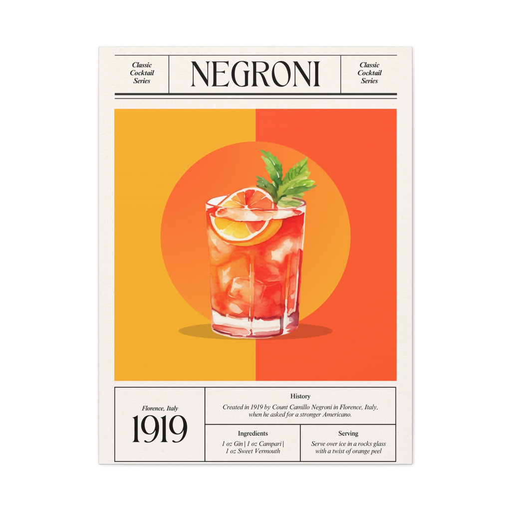 Negroni Cocktail Canvas Print – Vintage Classic Cocktail Recipe Art Poster