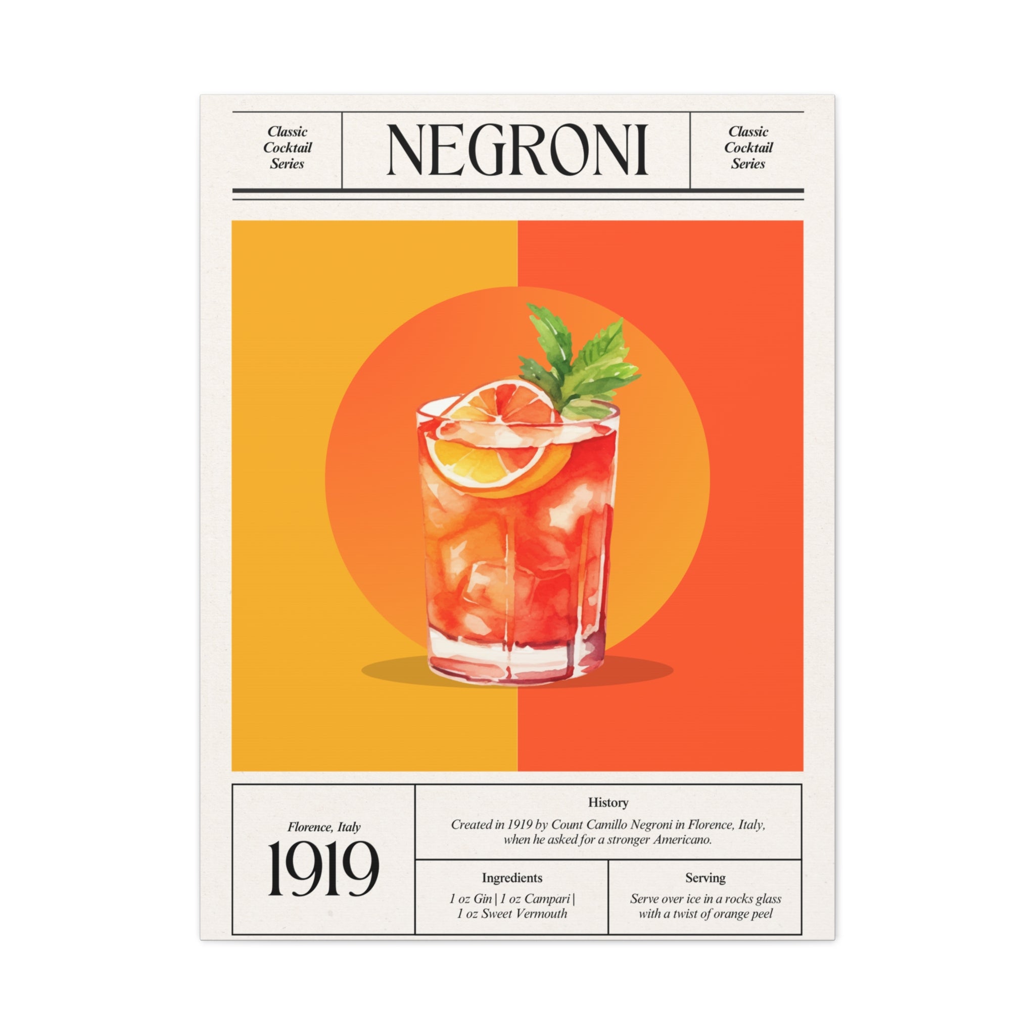 Negroni Cocktail Canvas Print – Vintage Classic Cocktail Recipe Art Poster