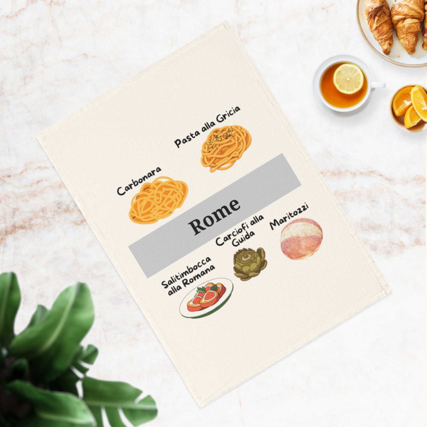 Rome Foodie Cotton Tea Towel, Kitchen Decor, Gift for Chefs, Culinary Souvenir, Cooking Lovers, Italian Cuisine Homeware