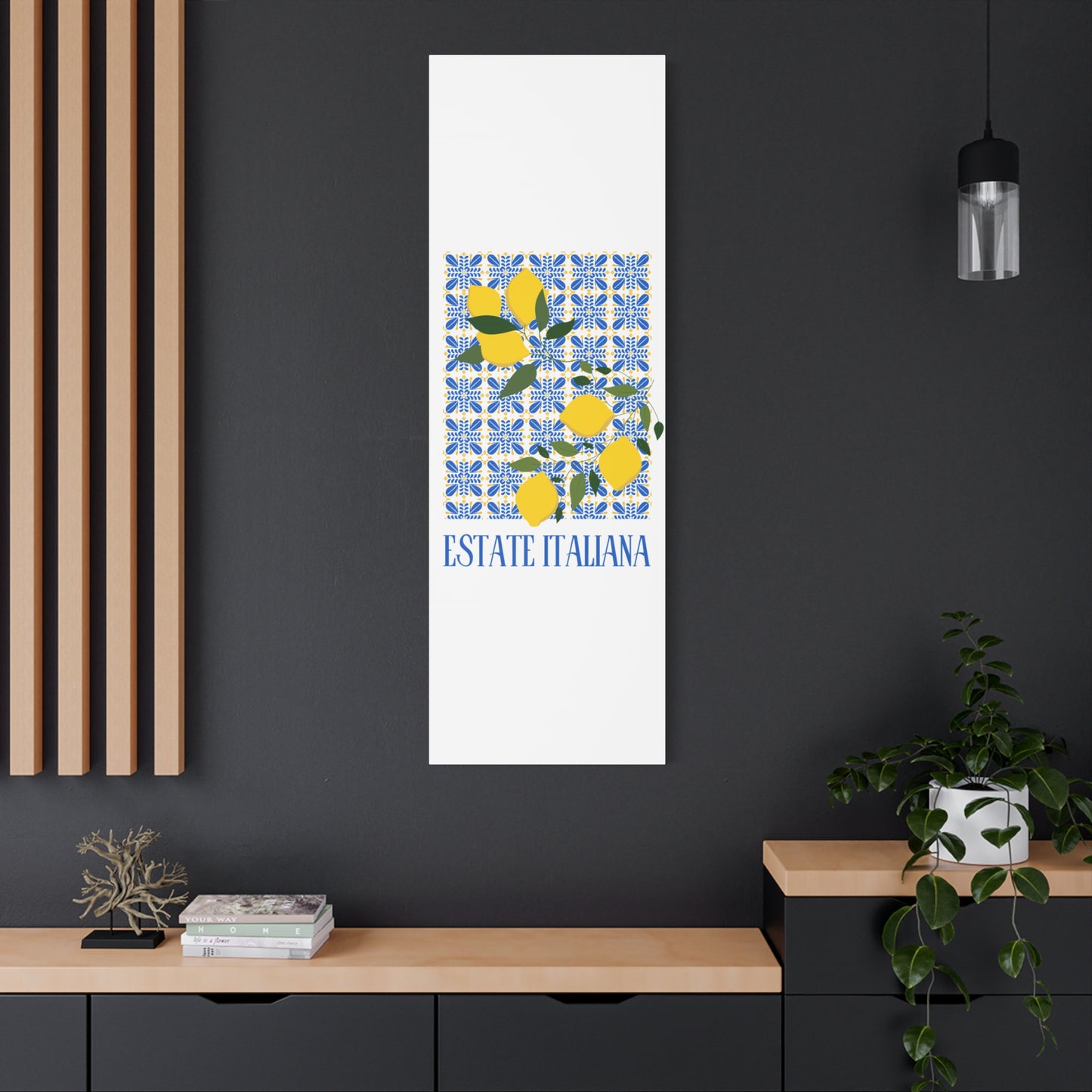 Estate Italiana – Italienischer Sommer – Leinwanddruck – mit dekorativen Zitronen und Majolika-Fliesen – Dekorative Wanddekoration