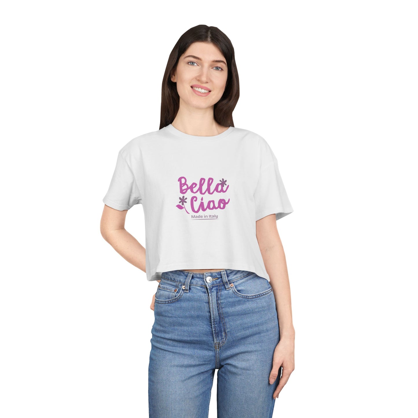 Bella Ciao Crop Tee — Feminine Italian Phrase Graphic Top
