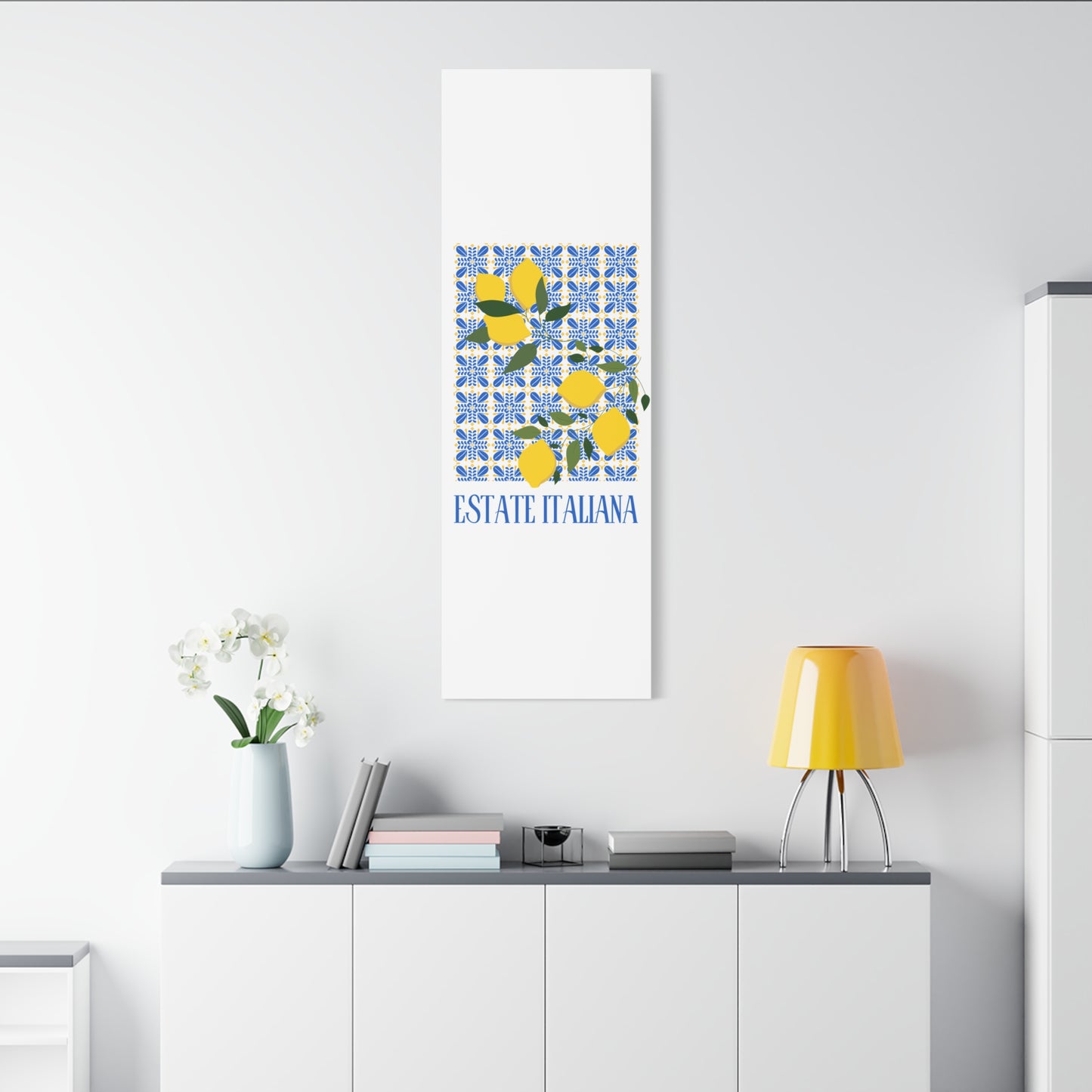 Estate Italiana – Italienischer Sommer – Leinwanddruck – mit dekorativen Zitronen und Majolika-Fliesen – Dekorative Wanddekoration