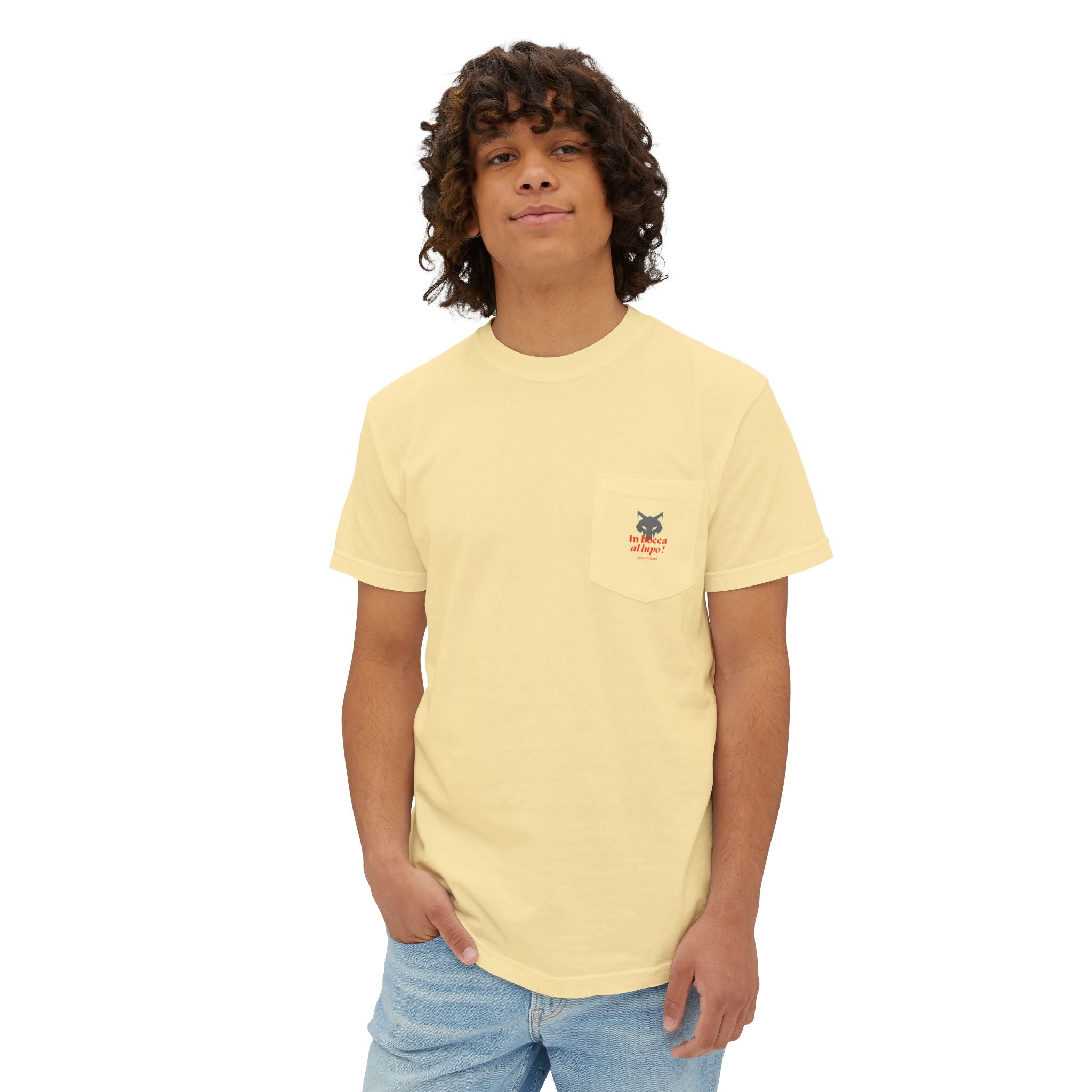 Faded Pocket T-Shirt — 'In bocca al lupo' Wolf Graphic Tee