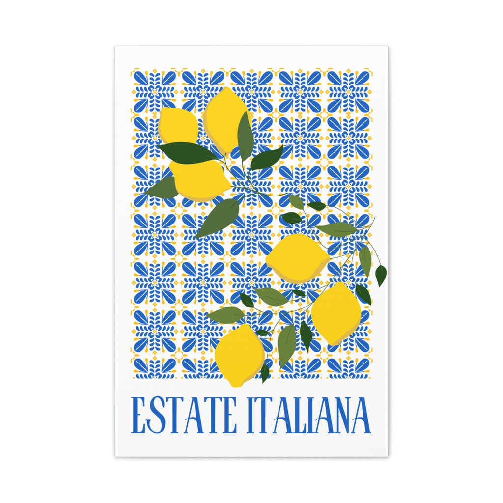 Estate Italiana – Italienischer Sommer – Leinwanddruck – mit dekorativen Zitronen und Majolika-Fliesen – Dekorative Wanddekoration