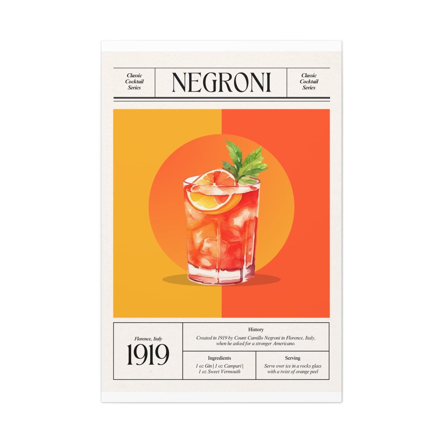 Negroni Cocktail Canvas Print – Vintage Classic Cocktail Recipe Art Poster