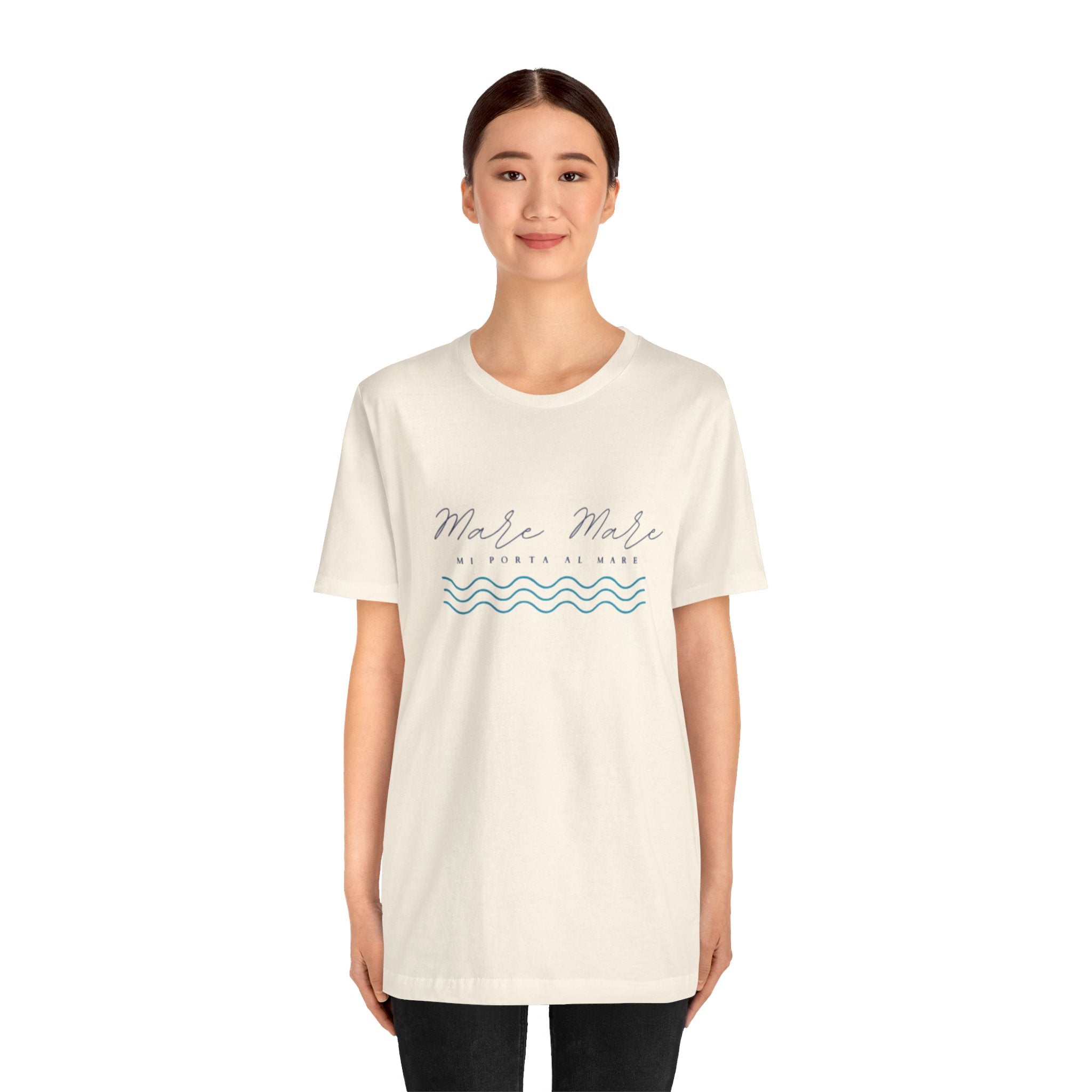 Italienisches Marken-Sommer-T-Shirt aus Jersey mit kurzen Ärmeln und italienischem Slogan: Mare Mare